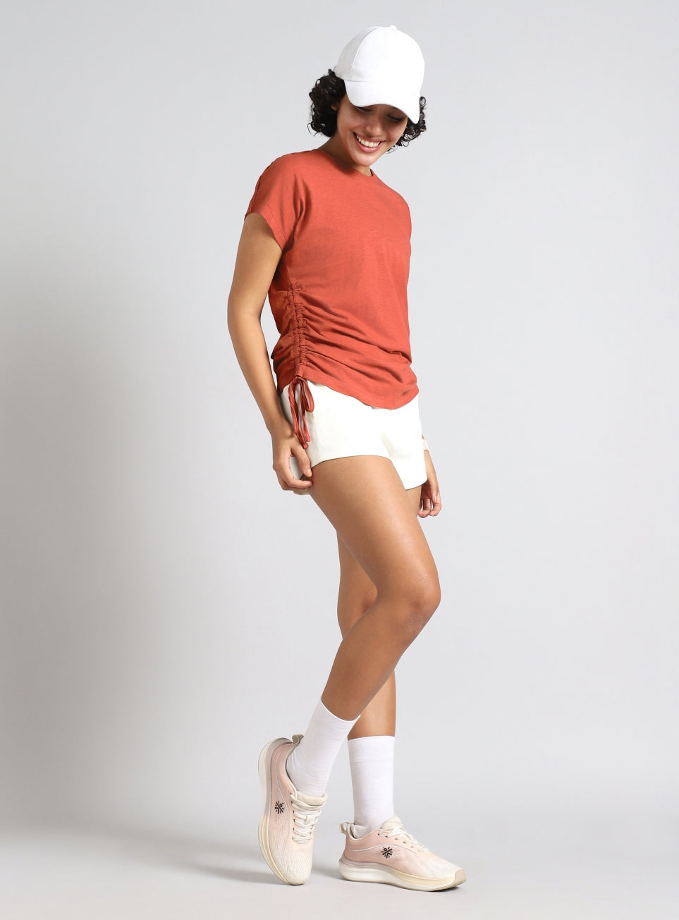 Women's Orange Side Ruching Flow T-shirt