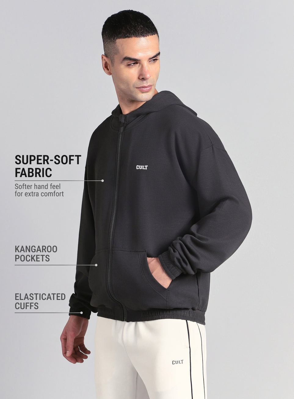 Men's Grey Combat Training Relaxed Fit Hooded Jacket