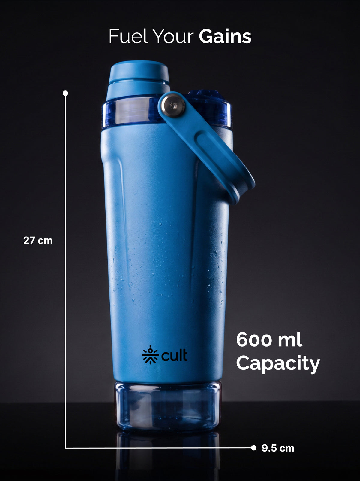 CULT Stainless Steel Gym Shaker 600ml | Leakproof Protein Mixer Bottle with Storage Container & Secure Lock Lid for Fitness & Travel (Royal Blue)