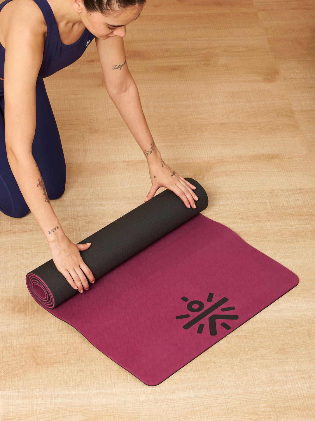 CULT TPE Yoga Mat 6mm with Carry Bag & Strap | Anti-Slip, Sweat Resistant, Lightweight & Durable Exercise Mat for Yoga, Pilates, Meditation & Home Workout Purple Wine/Black