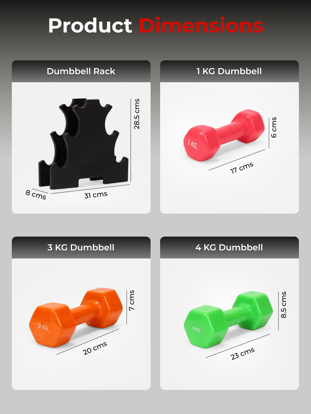 Cult Vinyl Dumbbells Combo for Home Gym Exercise (1kg + 3kg + 4kg Set) 16kg | Dumbbells with Rack