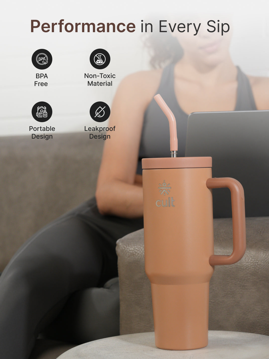 cult Tumbler 1200ML Steel Straw with Straw Cap and Cleaner Unisex Brown