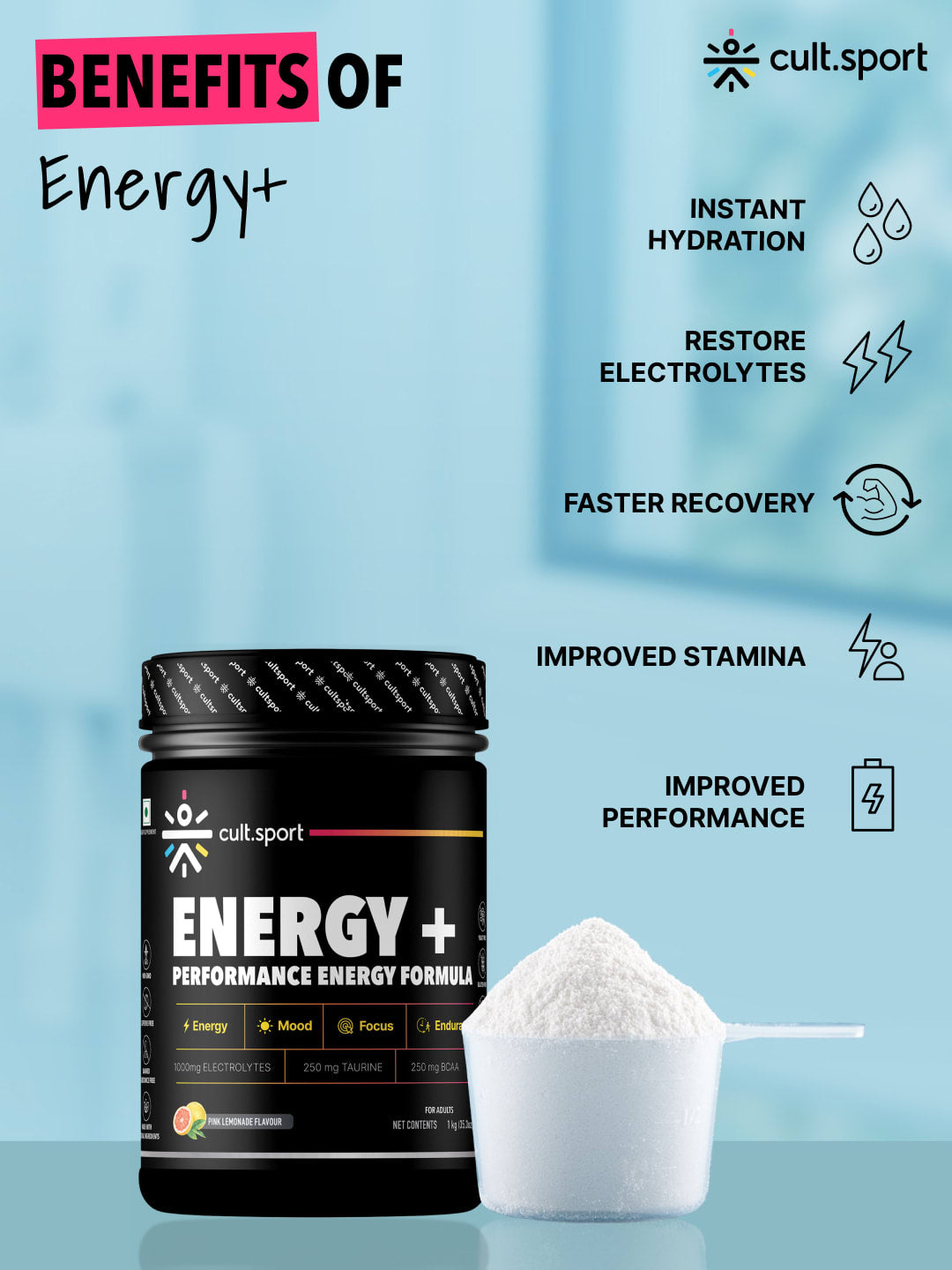 Energy + Powder 1Kg | 1000 mg Electrolytes, 250 mg Taurine, 250 mg BCAA | Instant Hydration, restore electrolytes with 0 cholesterol | Pink Lemonade Flavour