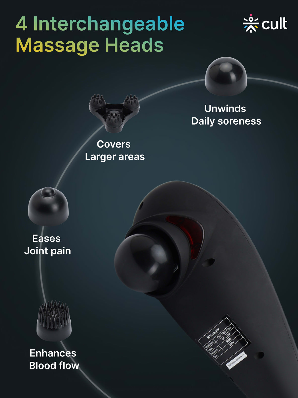 Cult Flex Plus Corded Electric Handheld Full Body Massager with 4 Interchangeable Heads, 6 modes, and 6 Adjustable Speed Settings for Pain Relief and Relaxation