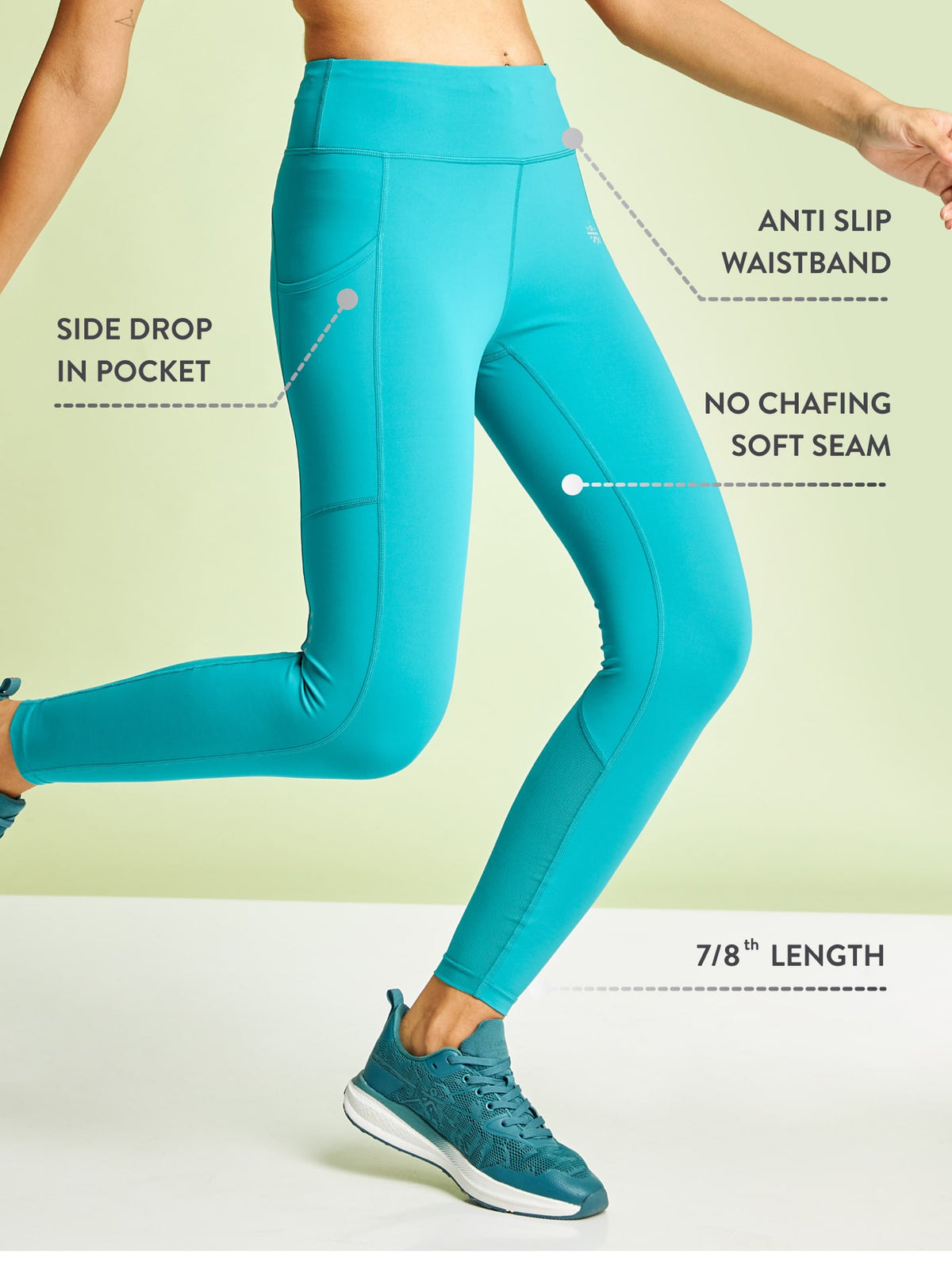 Sea Green Panelled High Waist Running Tights