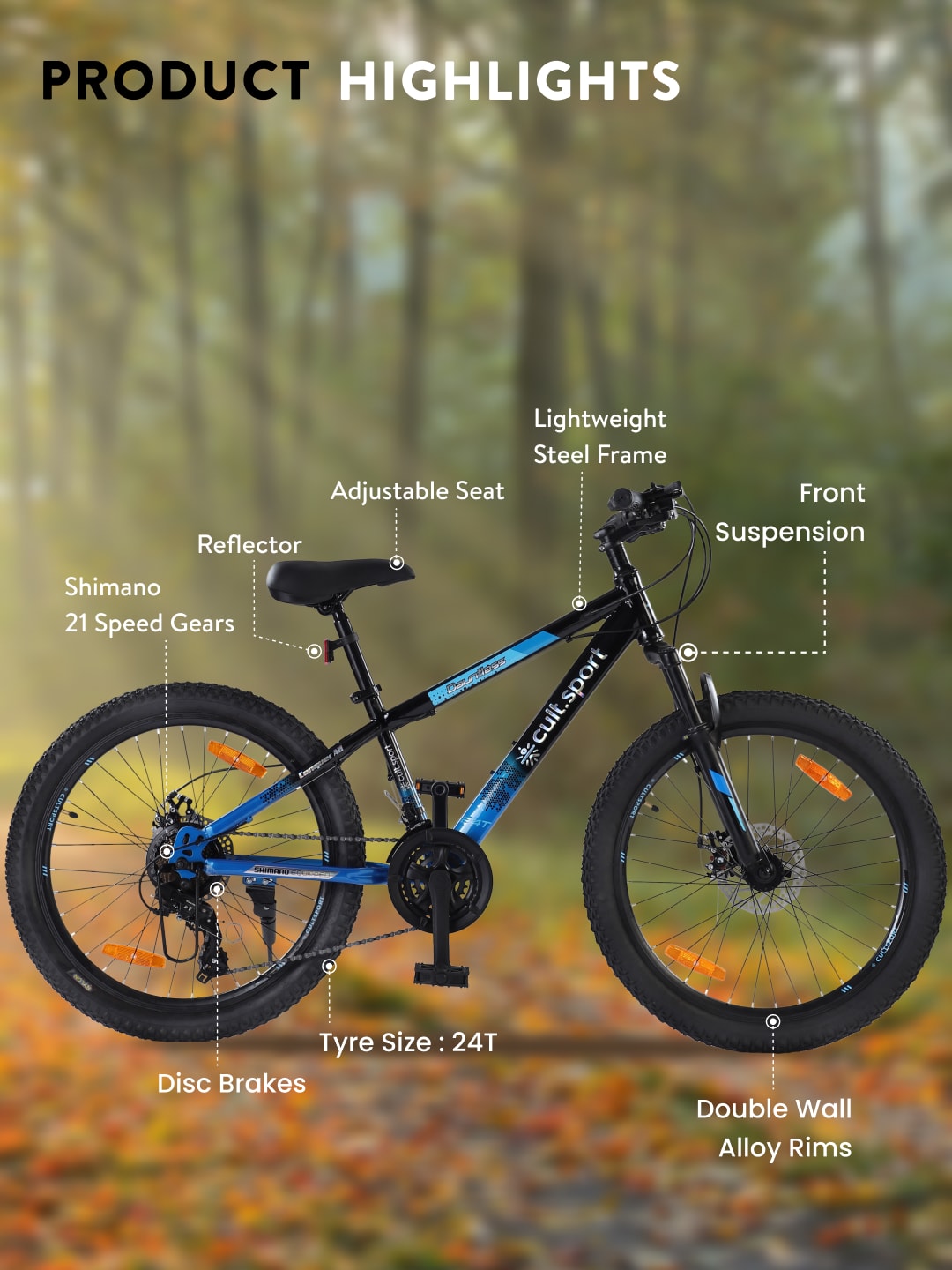 Dauntless 24T Steel Mountain Bike – 21 Speed Shimano Gear, Dual Disc Brake, Front Suspension (Black/Blue)