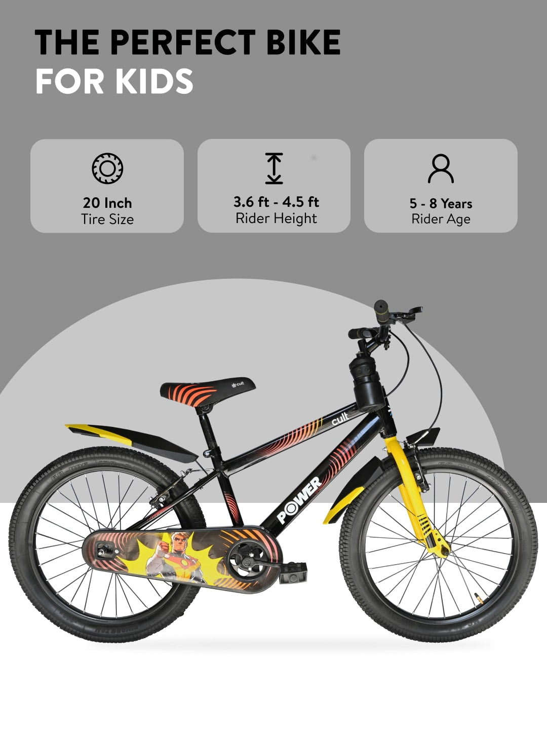 Power 20T Black Steel Kids Bike with Single Wall Rim, Rigid Fork and Free Trainer Sessions and Cycling Event