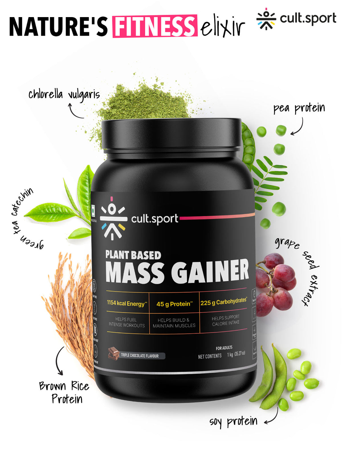 Cultsport Plant-Based Mass Gainer | Triple Chocolate Flavour | Gluten-Free | Cholesterol-Free