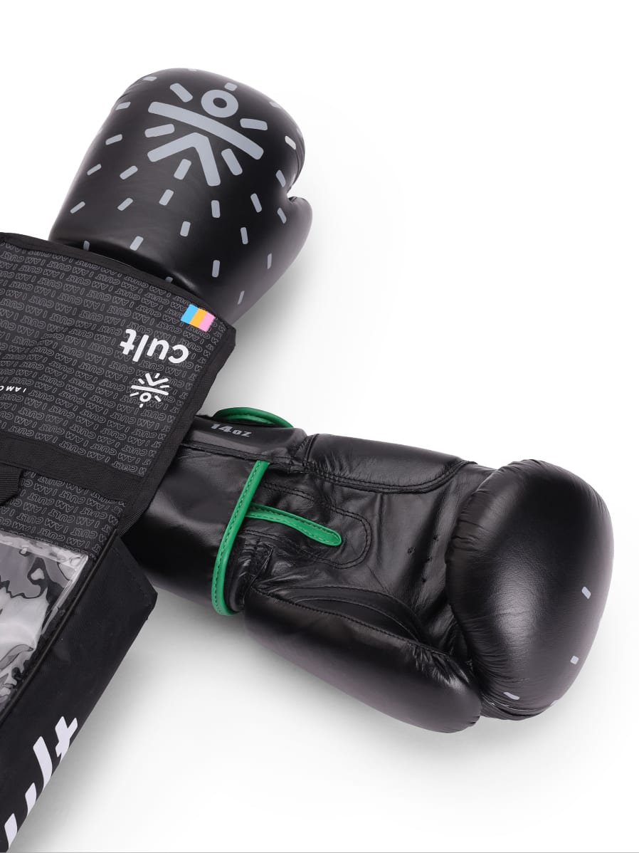 cult Premium Leather Boxing Gloves for Men & Women Foam Padding Thickness 35 mm Punching Bag Gloves for Boxing, Training, Kickboxing, Muay Thai, MMA Boxing Gloves Black/Green