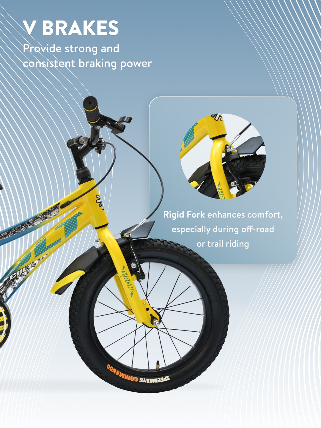 Throne 16T Steel Kids Bike with Rigid Fork, Single Wall Rim, V brakes, Chain Guard and Training Wheel, Yellow Blue