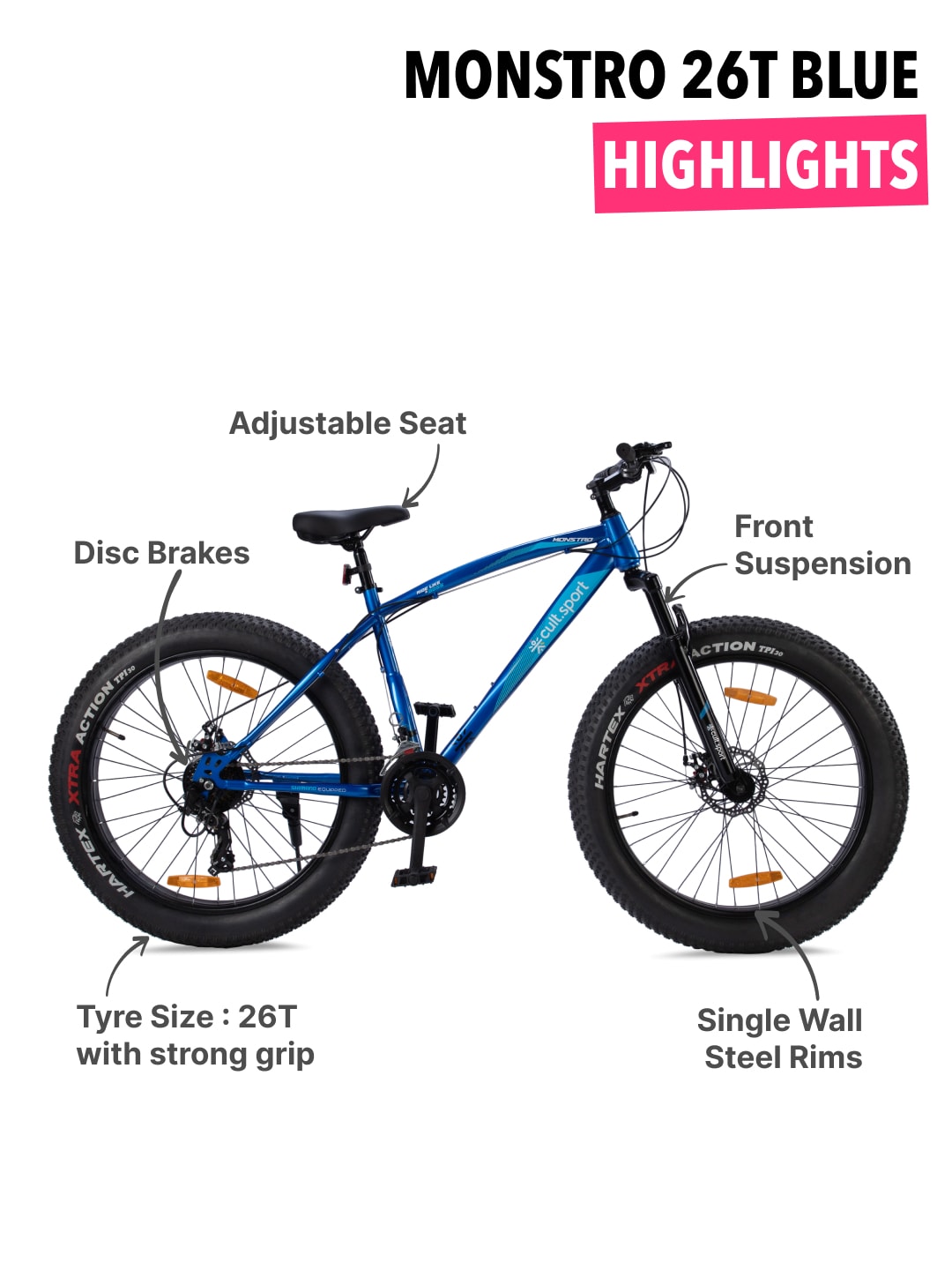 Monstro 26T Fat Bike – 21 Speed Shimano Gear, Front Suspension, Dual Disc Brake, Blue