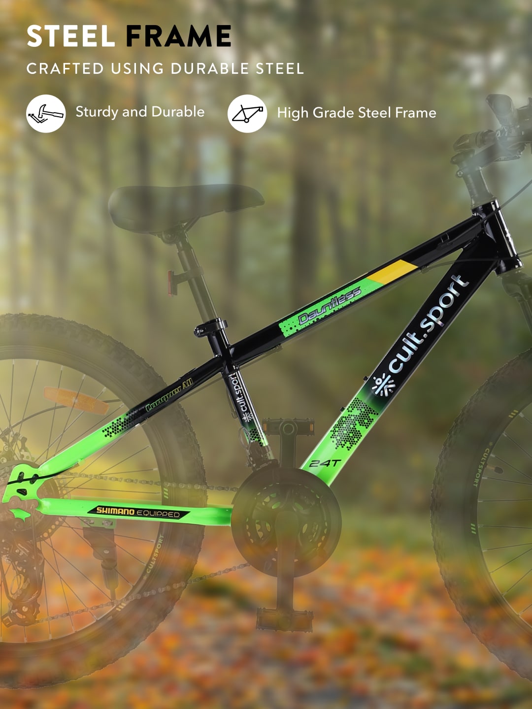 DAUNTLESS21S24TBLACKGREEN Steel 21 Speed Shimano Gear 24 inch Mountain Cycle, Dual Disc Brake, Front Suspension, Double Wall Rim