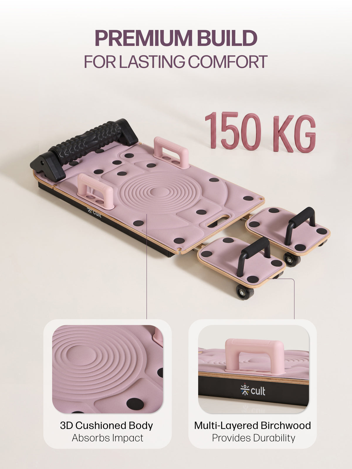 Cult PilateBoard for Home Workout | 2 Sets Resistance Bands & 2 Sets Handles |120 kg Max User Weight | Russian Birch Multi-Layer Wooden Board with Foam Rollers (Pink)