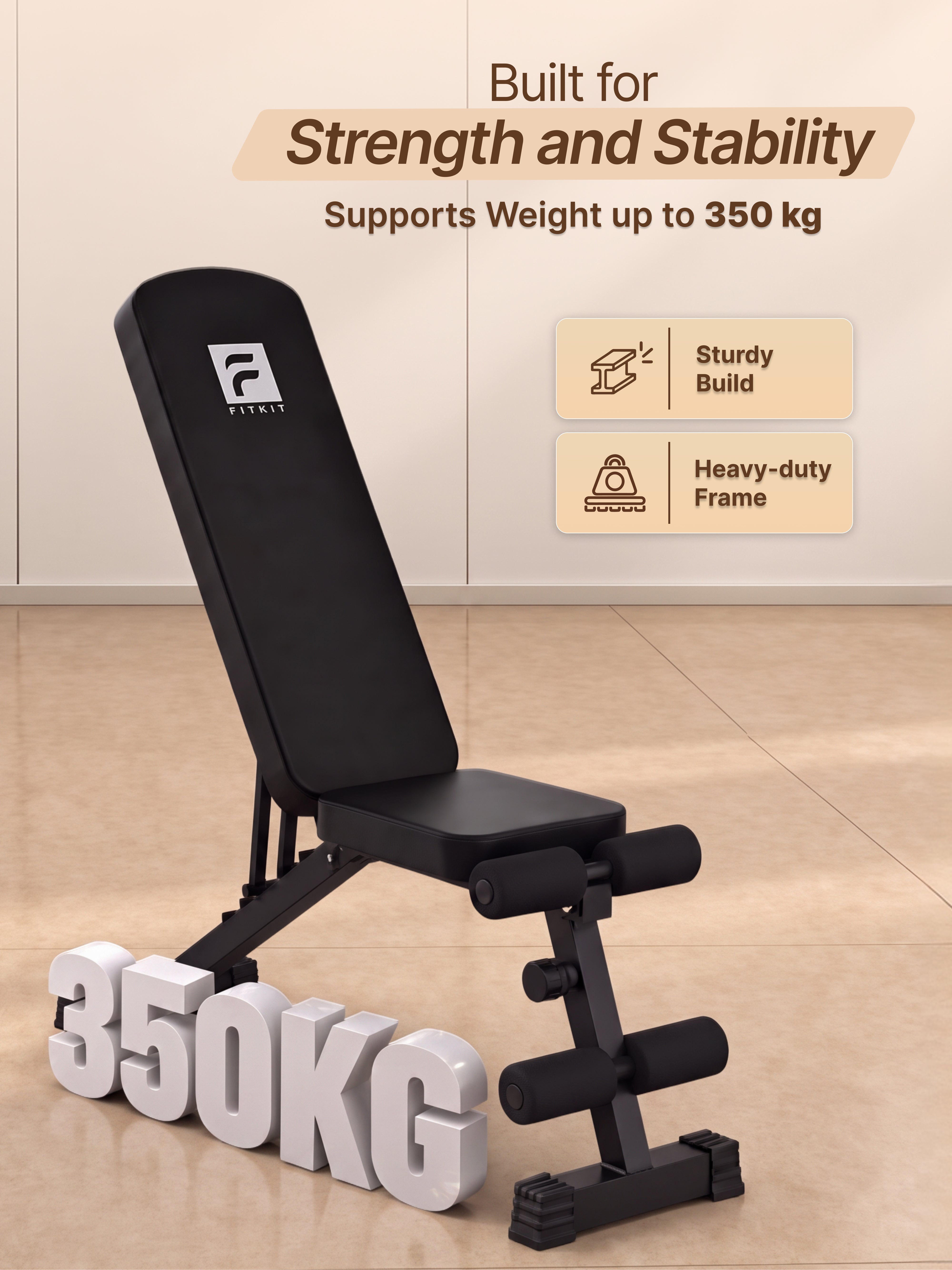 FITKIT by Cult FKAB02 Strength Training Adjustable Bench | 6-Level Incline | 350 kg Max Load Capacity | Stable & Secure Multi-Workout Support | Full Body home exercise