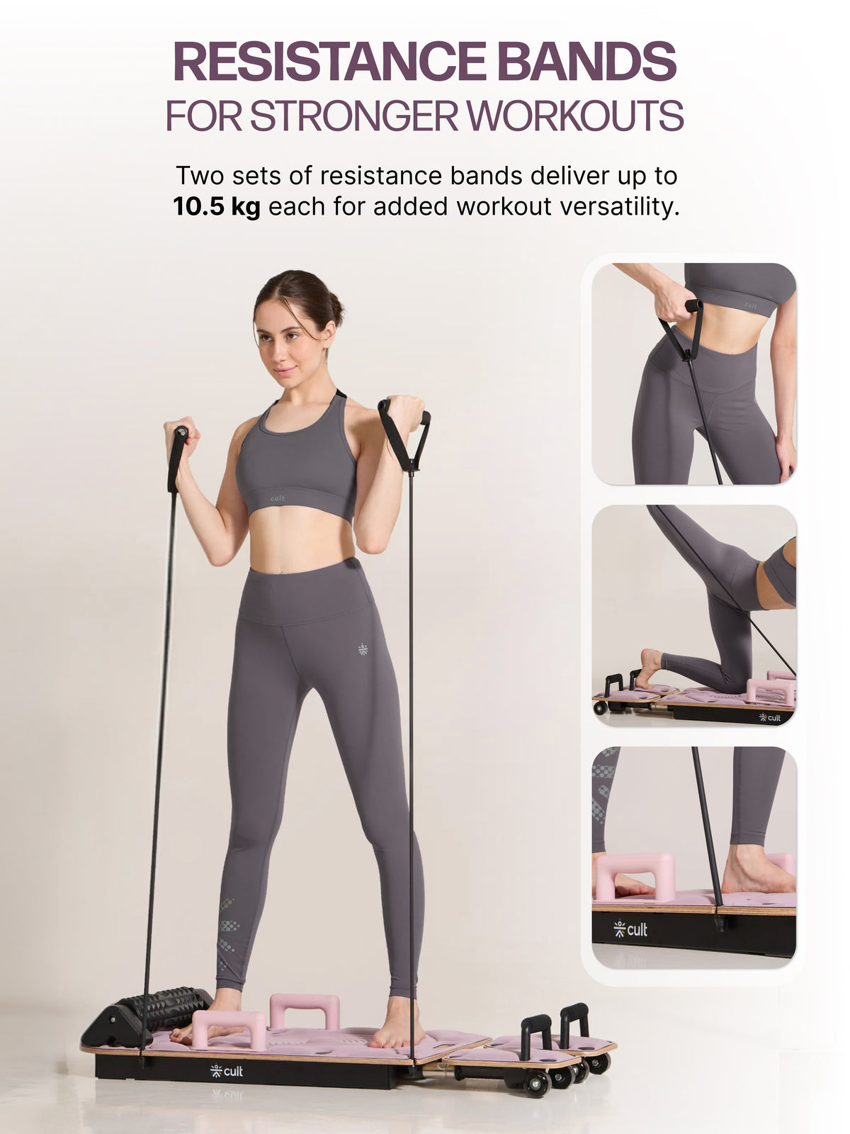 Cult PilateBoard for Home Workout | 2 Sets Resistance Bands & 2 Sets Handles |120 kg Max User Weight | Russian Birch Multi-Layer Wooden Board with Foam Rollers (Pink)