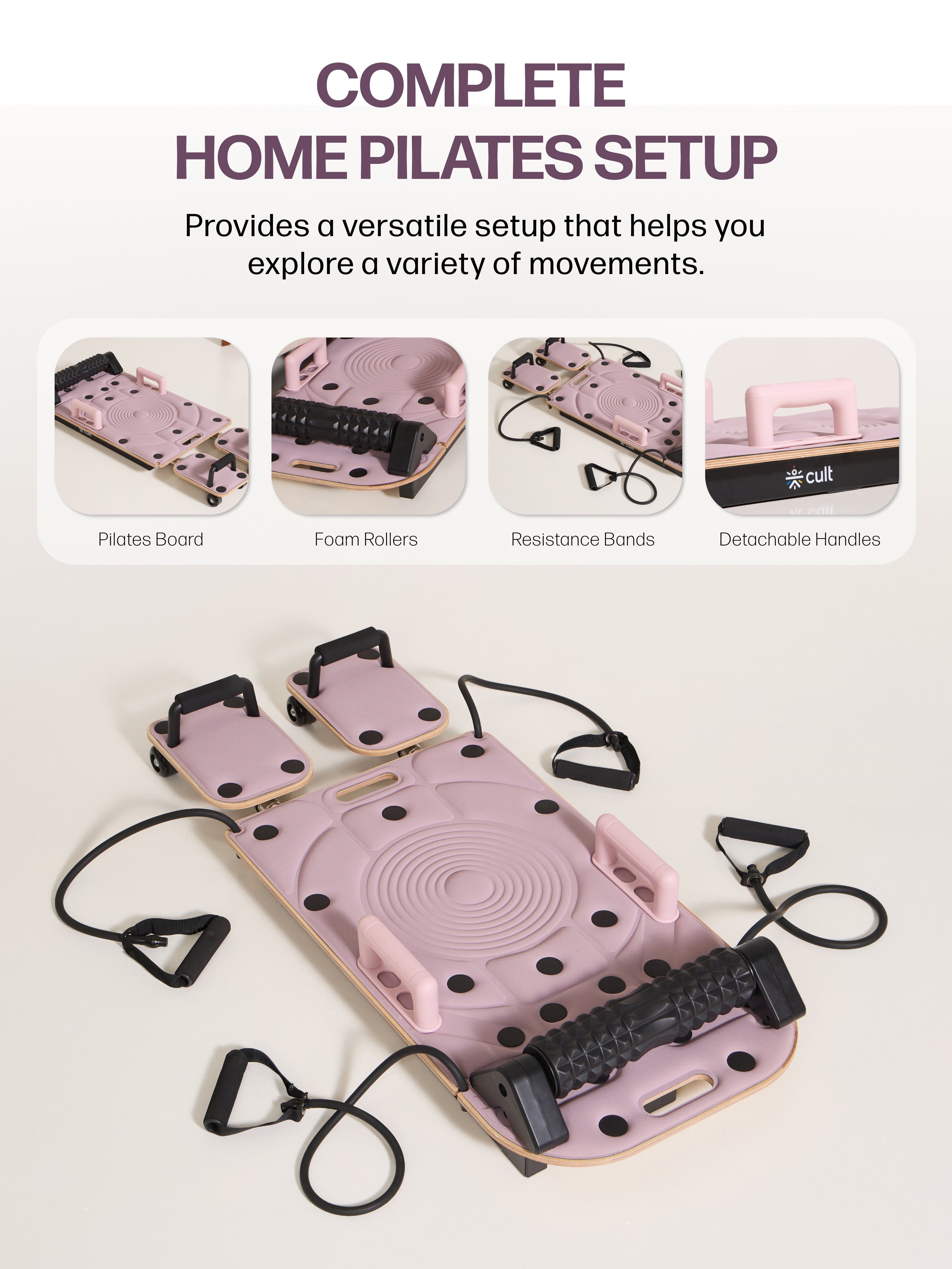 Cult PilateBoard for Home Workout | 2 Sets Resistance Bands & 2 Sets Handles |120 kg Max User Weight | Russian Birch Multi-Layer Wooden Board with Foam Rollers (Pink)