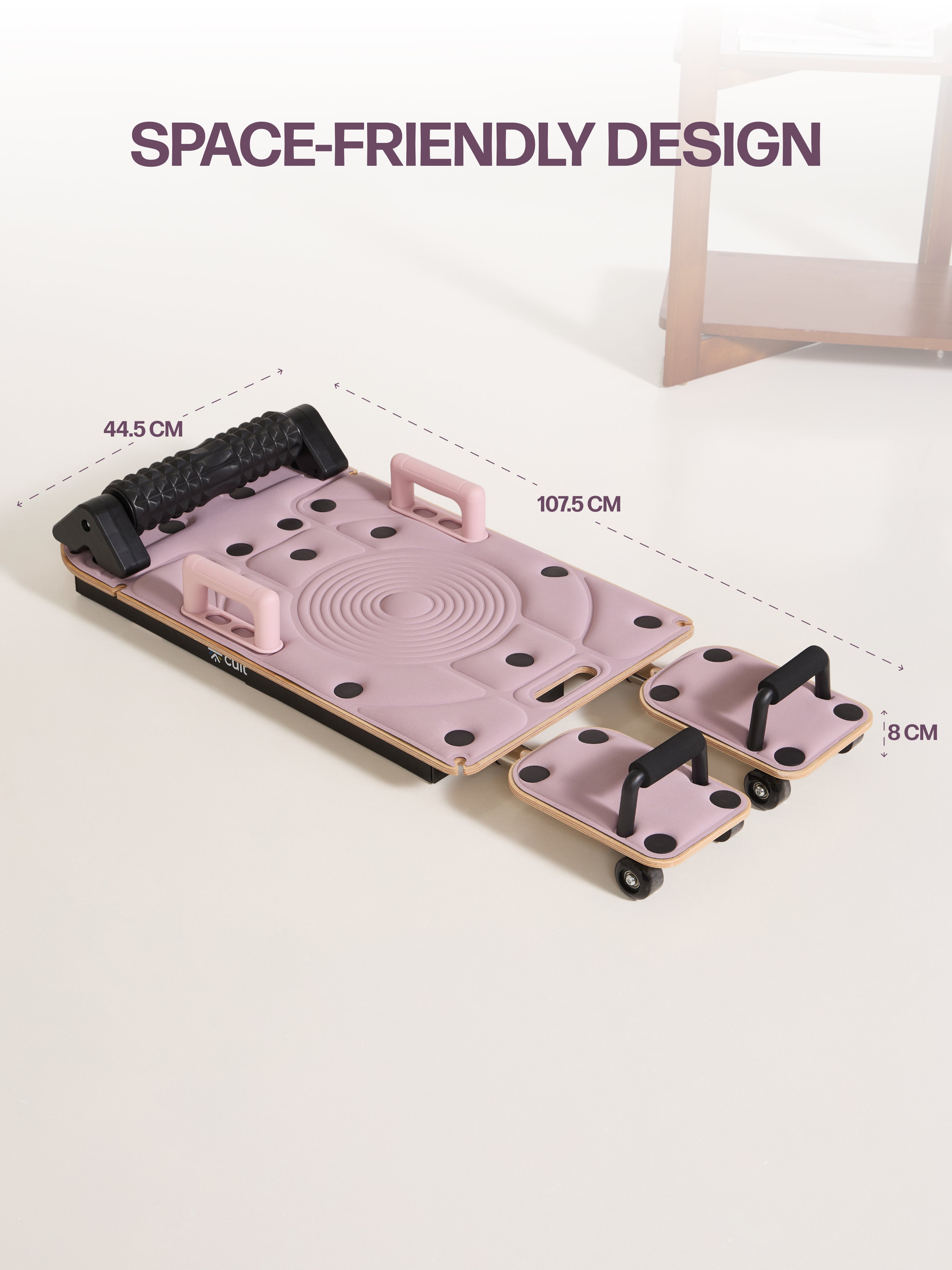 Cult PilateBoard for Home Workout | 2 Sets Resistance Bands & 2 Sets Handles |120 kg Max User Weight | Russian Birch Multi-Layer Wooden Board with Foam Rollers (Pink)