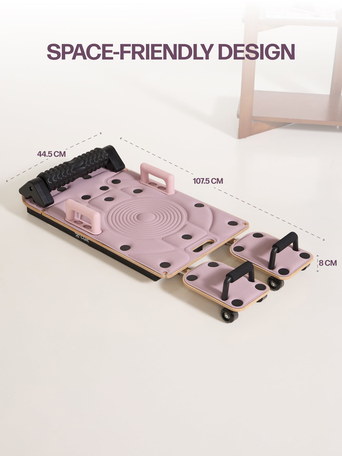 Cult PilateBoard for Home Workout | 2 Sets Resistance Bands & 2 Sets Handles |120 kg Max User Weight | Russian Birch Multi-Layer Wooden Board with Foam Rollers (Pink)
