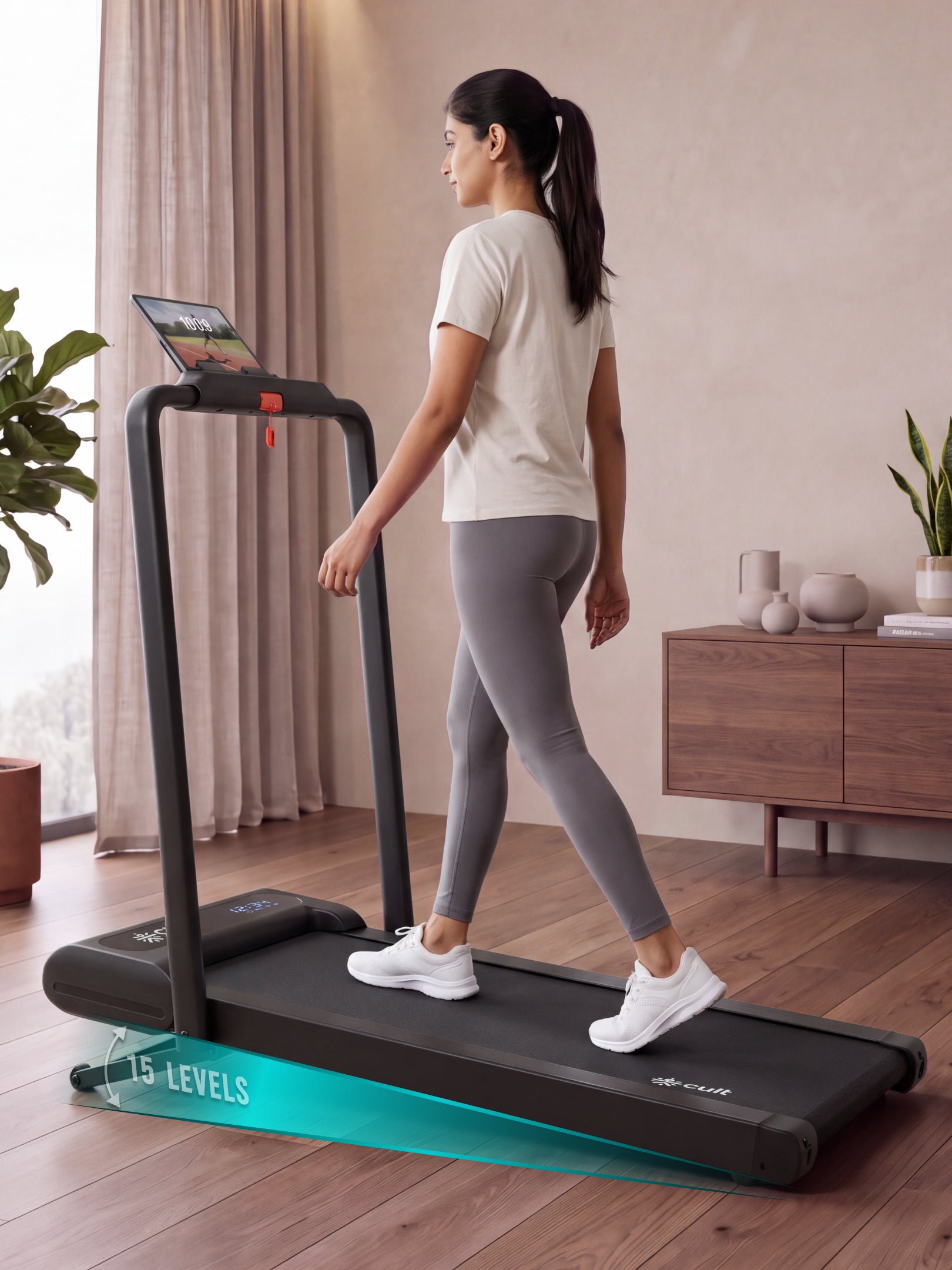 Cult Elevate Walking Pad with 5 HP BLDC Motor, 12 km/hr Speed, Auto Incline up to 15 Levels, 130 kg User Weight Capacity, LED Display, Tablet Holder & Wheels