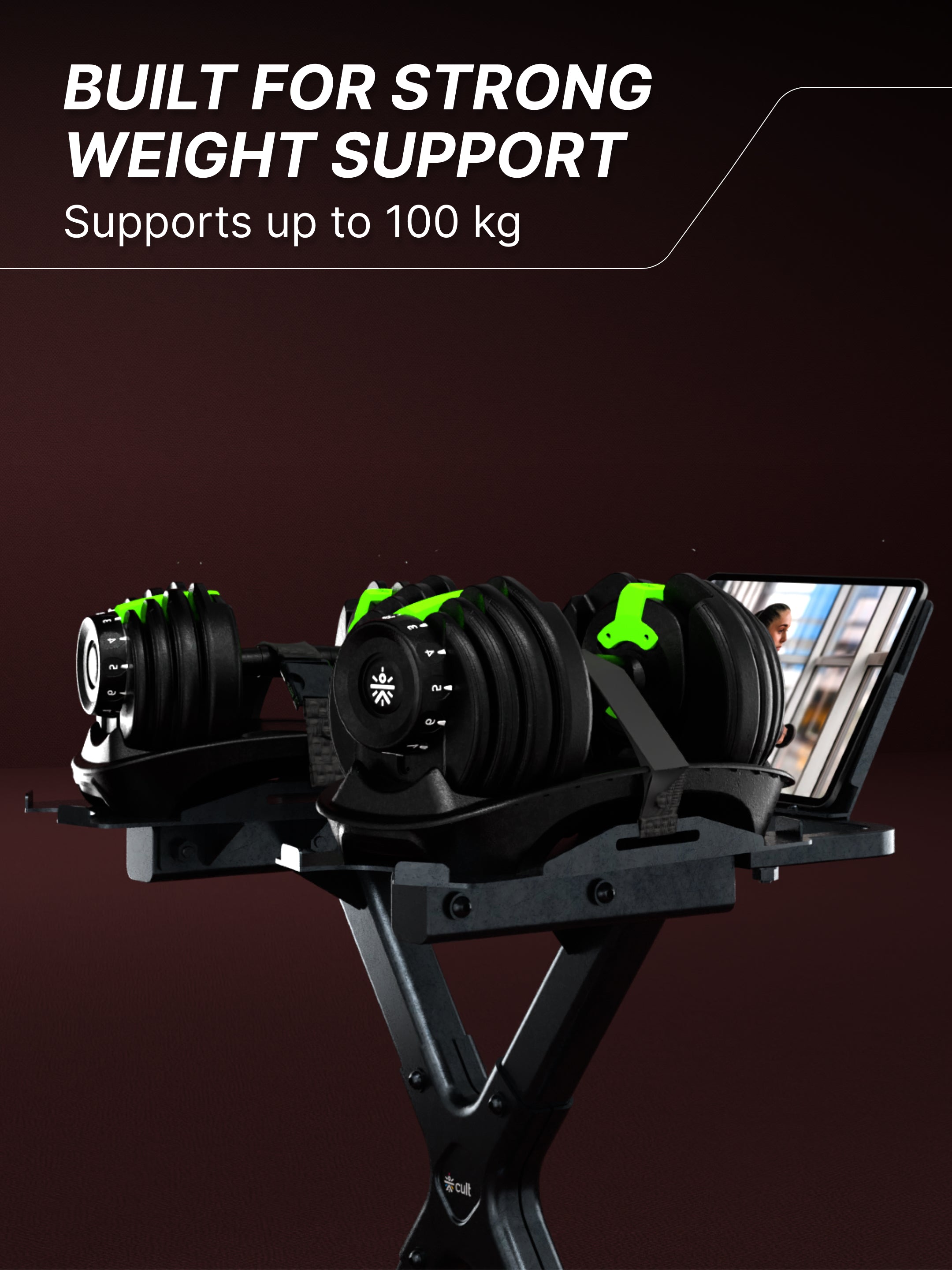 Cult Dumbbell Stand | 100 KG Weight Capacity with Wheels & Tablet Holder | Protected Edges | Compact Home Gym Storage (6 Months extended Warranty only on Cultstore.com)