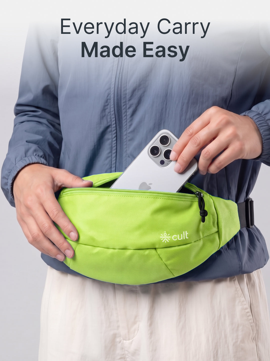 Cult Waist Bag for Men & Women, Compact Fanny Pack with Dual Compartments, Adjustable Strap, Water-Repellent Travel, Running & Everyday Carry Bag – Neon