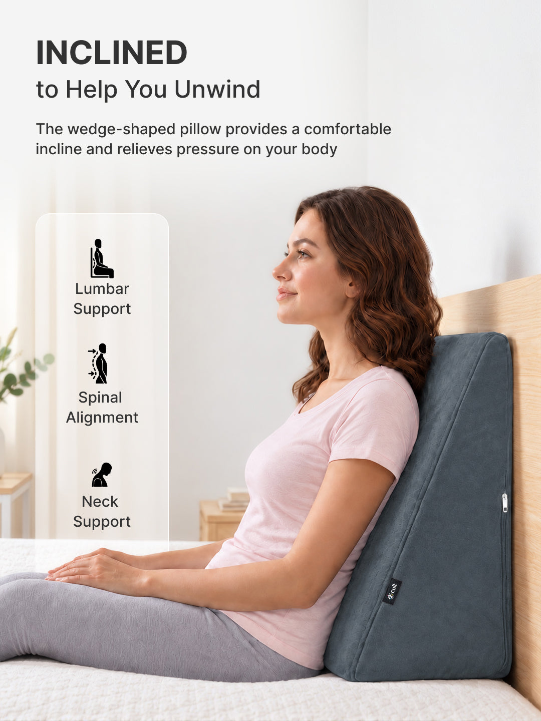 CULT Wedge Pillow for Back Support Elevation Cushion for Sleeping Resting and Recovery Grey