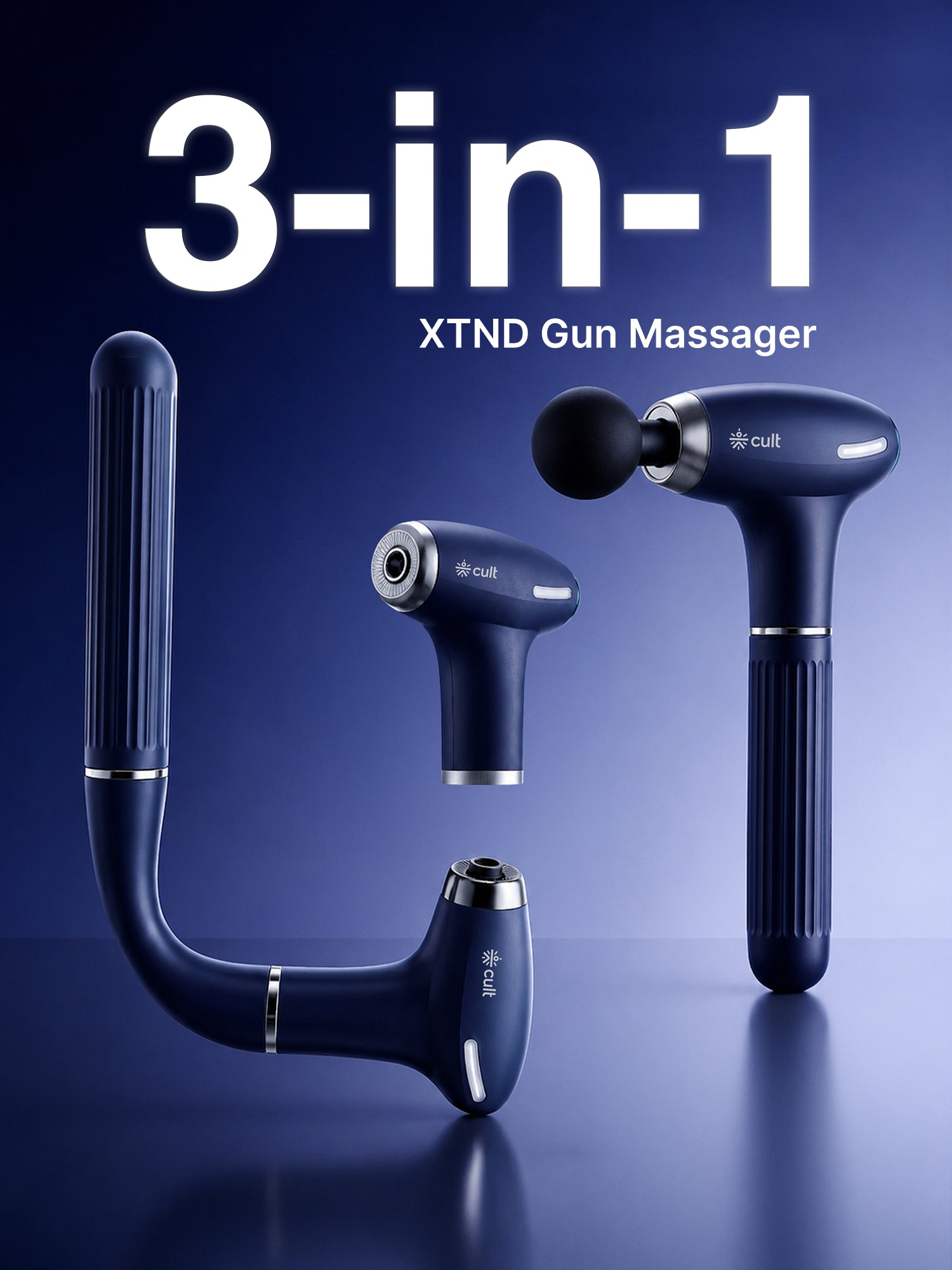 Cult XTND Massage Gun for Full-Body Muscle Relief, 3-in-1 Extension for Easy Back & Full-Body Massage, 30W Motor, 6 Speed Levels, 4 Massage Heads, Pain Relief Massager for Back, Shoulders, Legs & Everyday Recovery, Blue