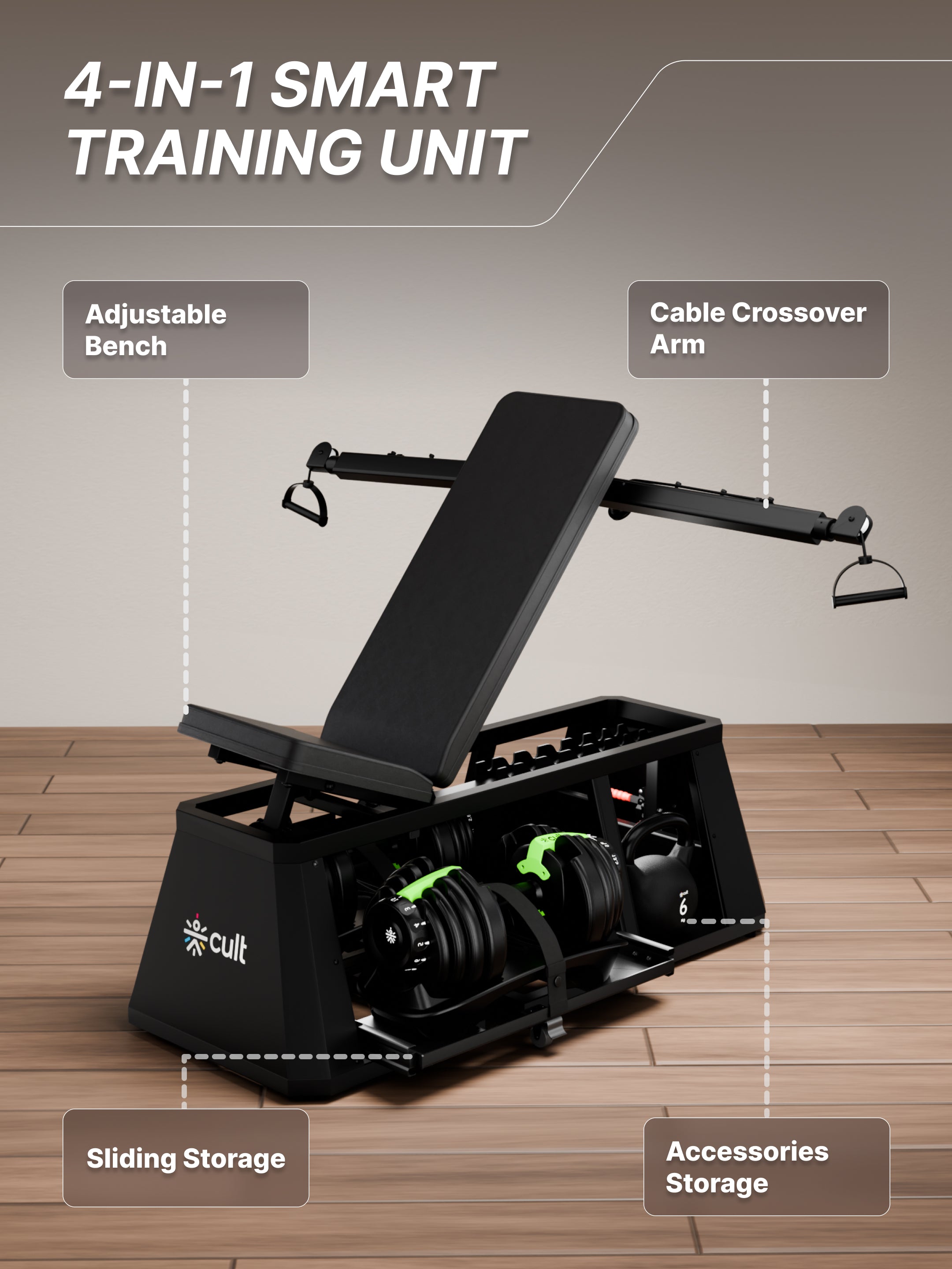 Cult 4 in 1 Multi Home Gym with Cable Crossover, Adjustable Bench,  Dumbbell & Weights Storage Rack | 300 Kg Capacity | 8-Level Incline/Decline | 3 Resistance Levels | Perfect for Home Gym (with 6 months extended warranty)
