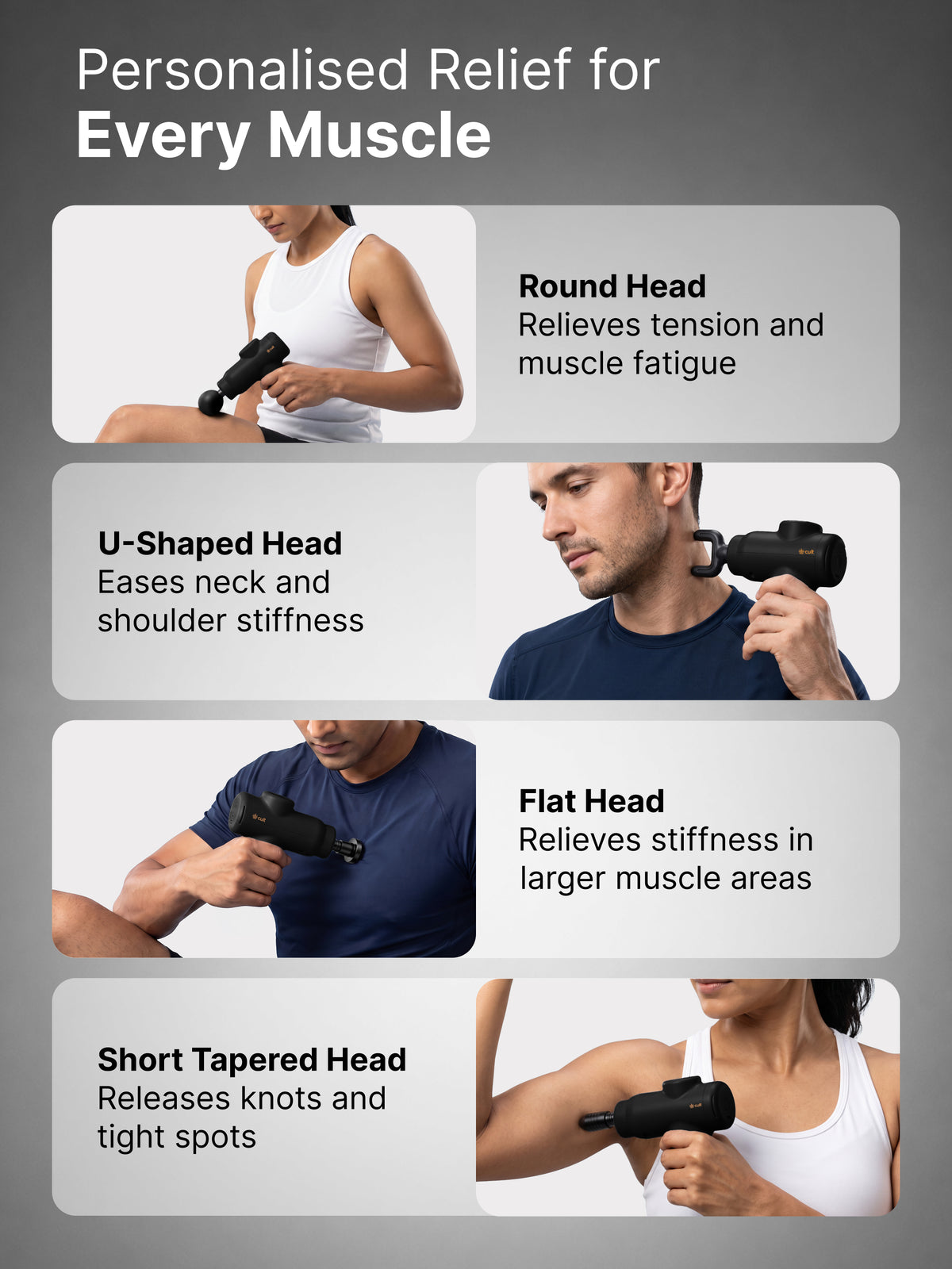 Cult Flex Pro Massage Gun for Pain Relief, Full Body Massager, Lightweight & Compact, 4 Interchangeable Heads, 3-Hour Long Battery Life