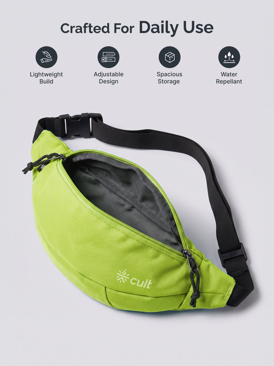 Cult Waist Bag for Men & Women, Compact Fanny Pack with Dual Compartments, Adjustable Strap, Water-Repellent Travel, Running & Everyday Carry Bag – Neon