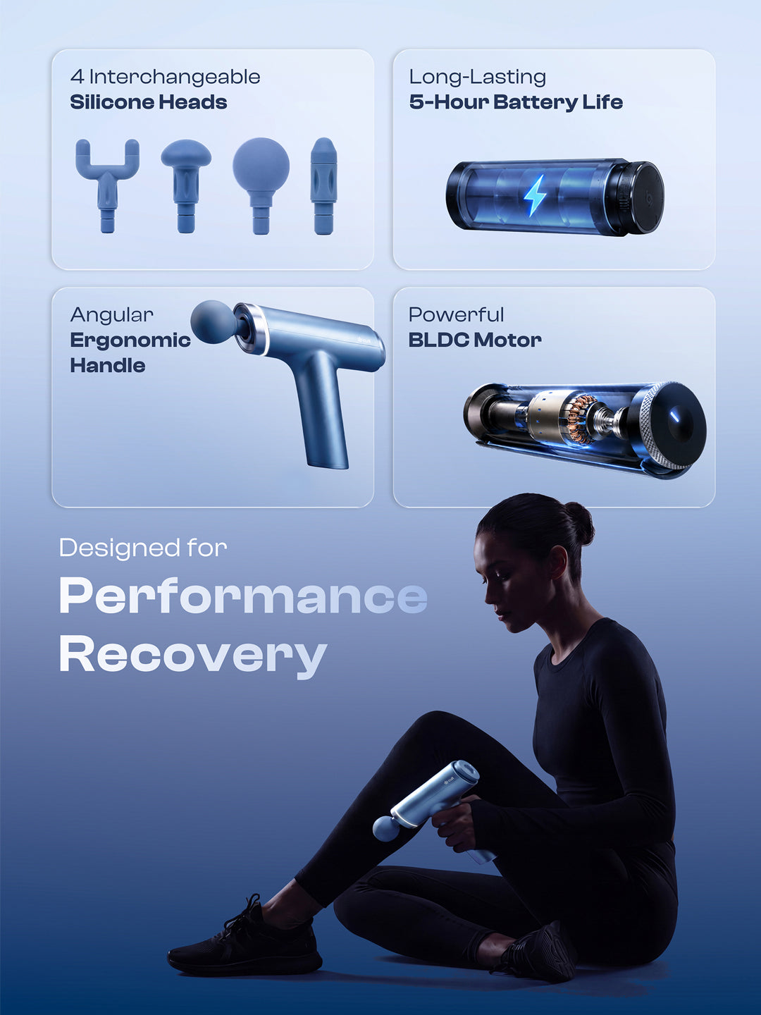 Cult Kinetic Massage Gun for Muscle Recovery, Full Body Massager, BLDC Motor, Ergonomic Angular Handle, 4 Silicone Heads, 5-Hour Battery, Blue