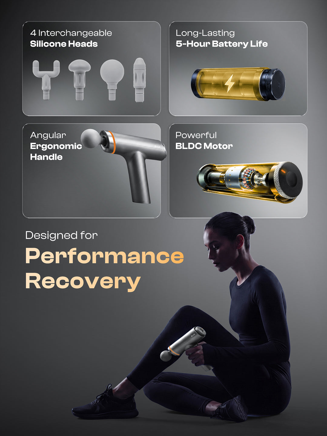 Cult Kinetic Massage Gun for Muscle Recovery, Full Body Massager, BLDC Motor, Ergonomic Angular Handle, 4 Silicone Heads, 5-Hour Battery, Titanium