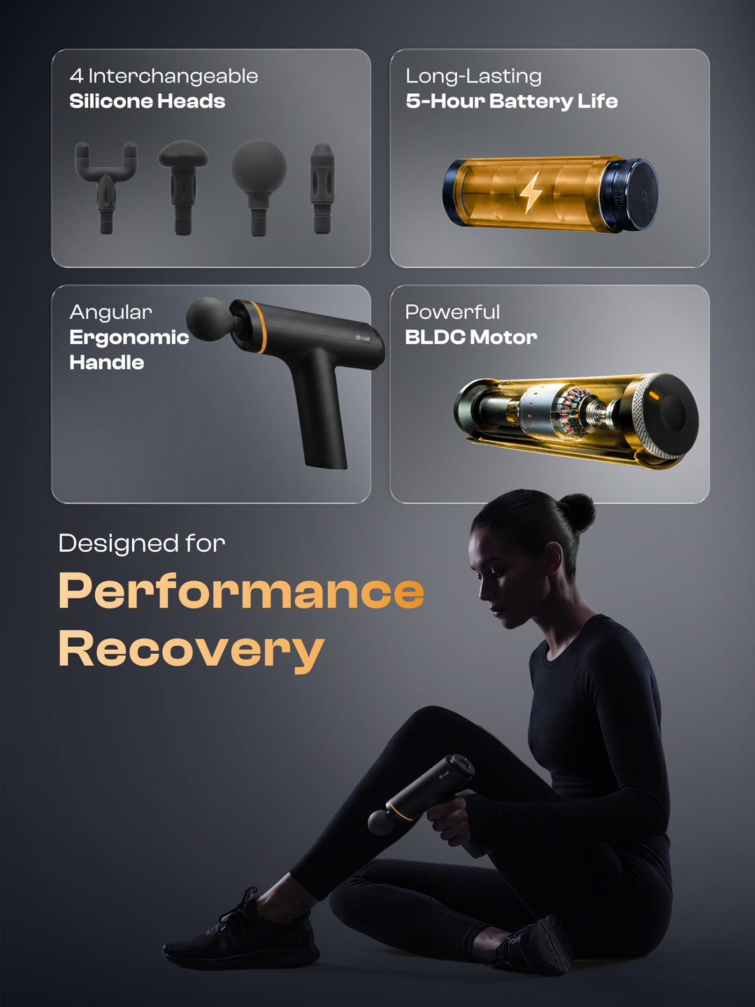 Cult Kinetic Massage Gun for Muscle Recovery, Full Body Massager, BLDC Motor, Ergonomic Angular Handle, 4 Silicone Heads, 5-Hour Battery, Black