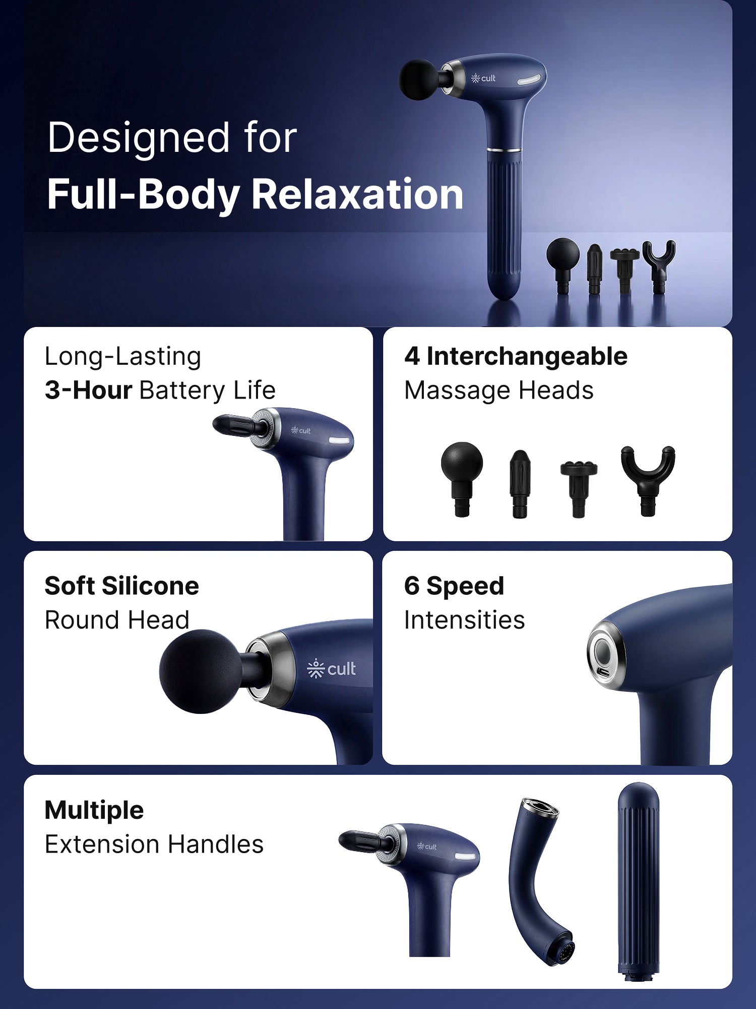 Cult XTND Massage Gun for Full-Body Muscle Relief, 3-in-1 Extension for Easy Back & Full-Body Massage, 30W Motor, 6 Speed Levels, 4 Massage Heads, Pain Relief Massager for Back, Shoulders, Legs & Everyday Recovery, Blue