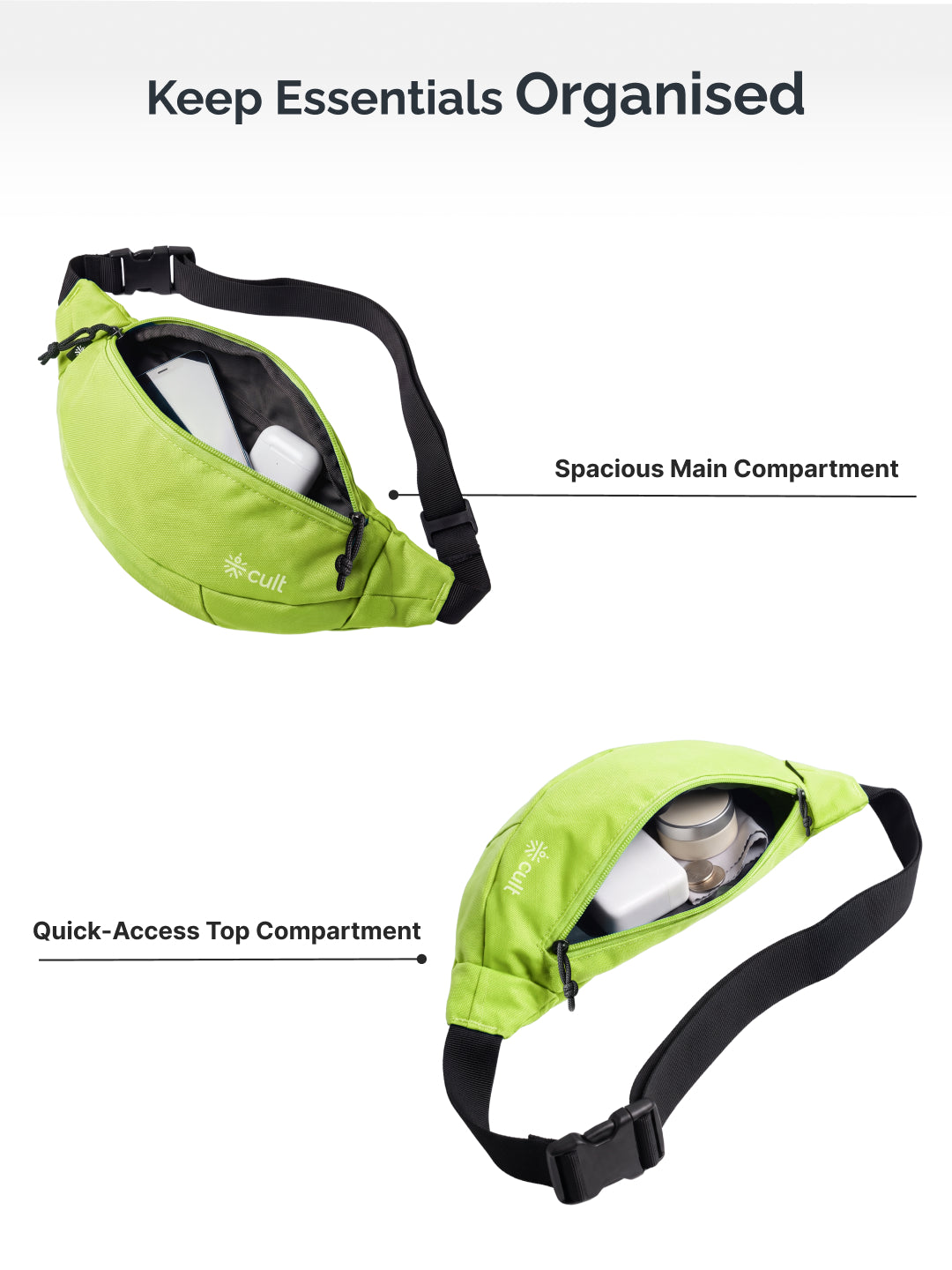 Cult Waist Bag for Men & Women, Compact Fanny Pack with Dual Compartments, Adjustable Strap, Water-Repellent Travel, Running & Everyday Carry Bag – Neon