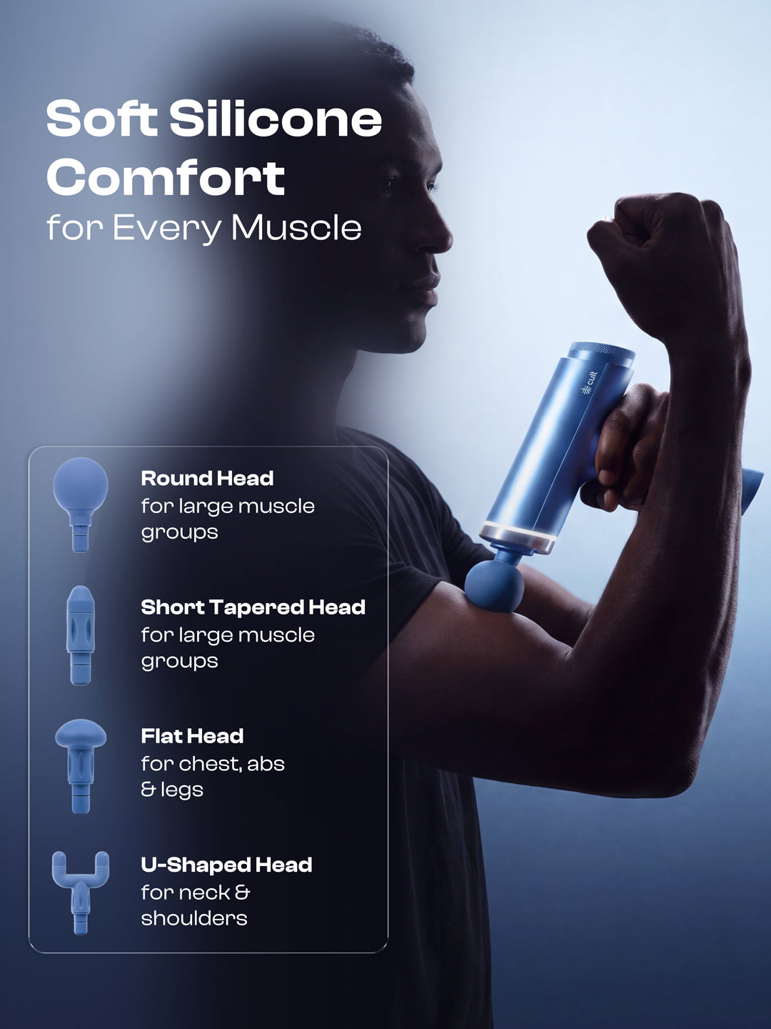 Cult Kinetic Massage Gun for Muscle Recovery, Full Body Massager, BLDC Motor, Ergonomic Angular Handle, 4 Silicone Heads, 5-Hour Battery, Blue