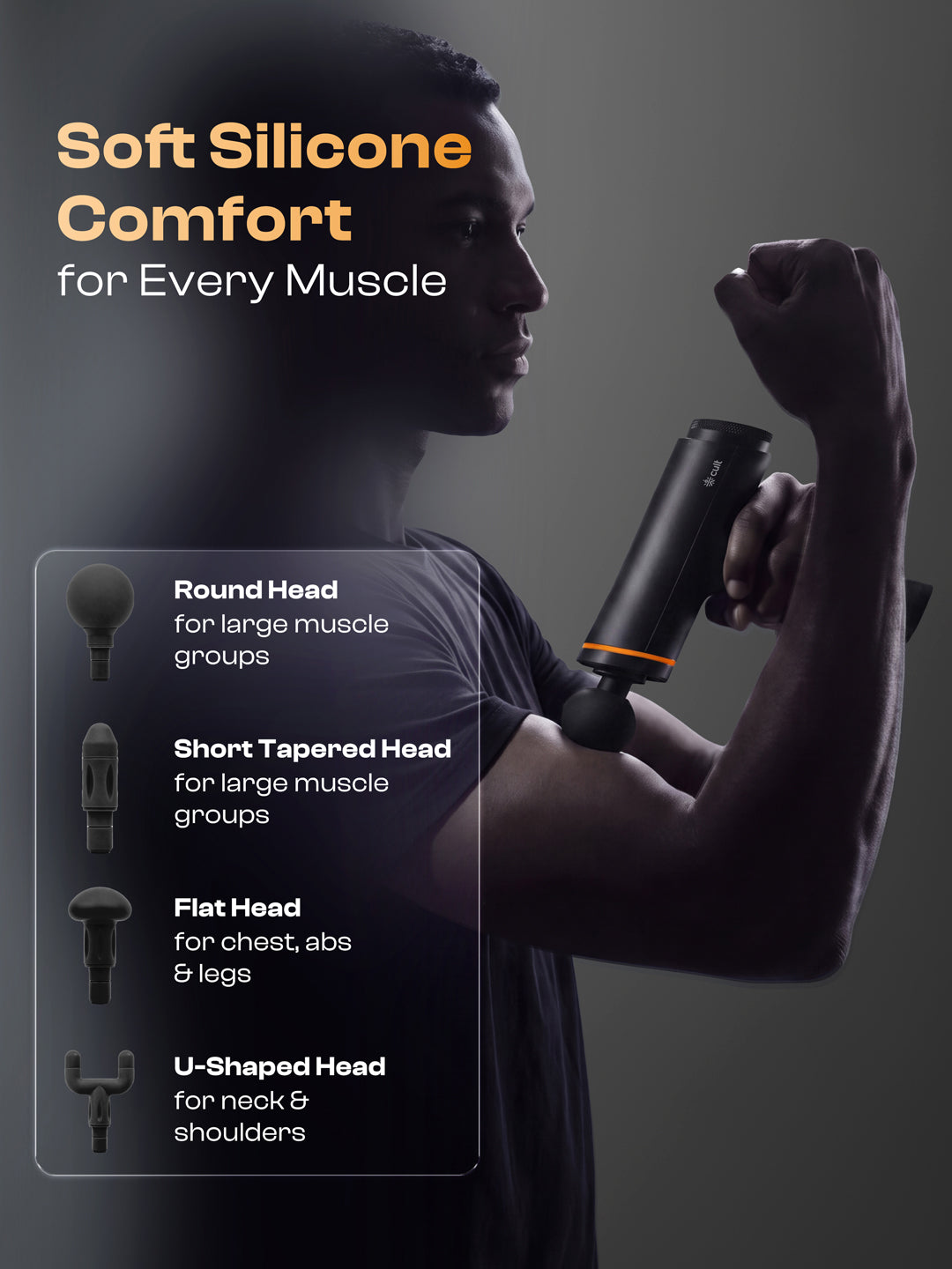Cult Kinetic Massage Gun for Muscle Recovery, Full Body Massager, BLDC Motor, Ergonomic Angular Handle, 4 Silicone Heads, 5-Hour Battery, Black