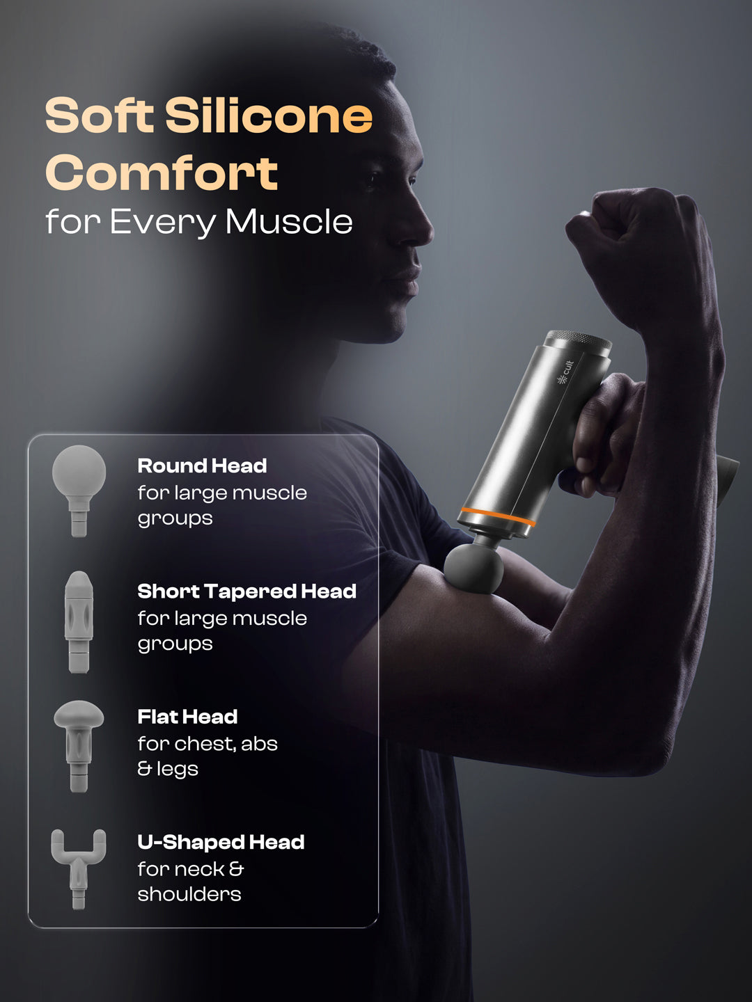 Cult Kinetic Massage Gun for Muscle Recovery, Full Body Massager, BLDC Motor, Ergonomic Angular Handle, 4 Silicone Heads, 5-Hour Battery, Titanium