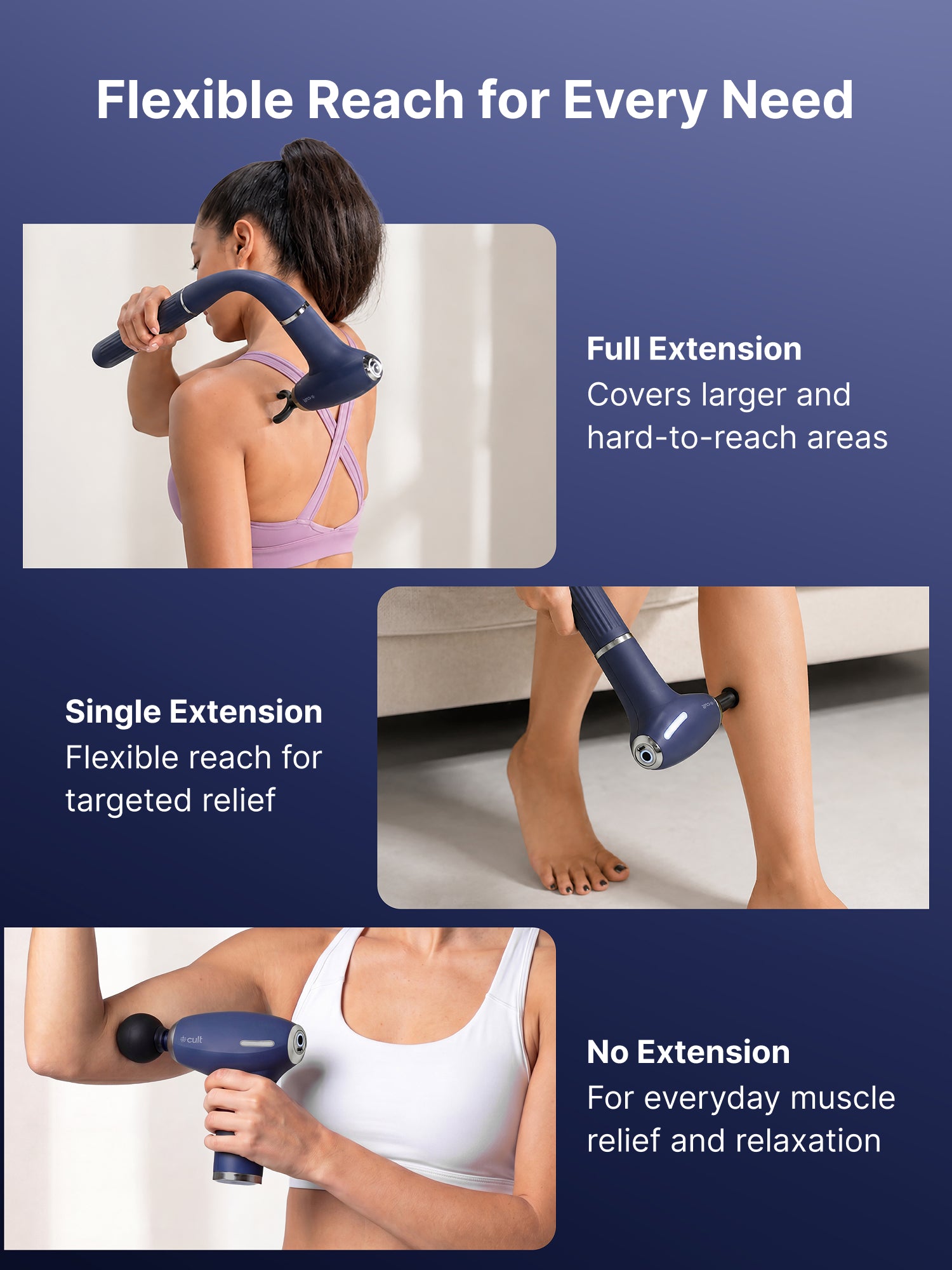 Cult XTND Massage Gun for Full-Body Muscle Relief, 3-in-1 Extension for Easy Back & Full-Body Massage, 30W Motor, 6 Speed Levels, 4 Massage Heads, Pain Relief Massager for Back, Shoulders, Legs & Everyday Recovery, Blue