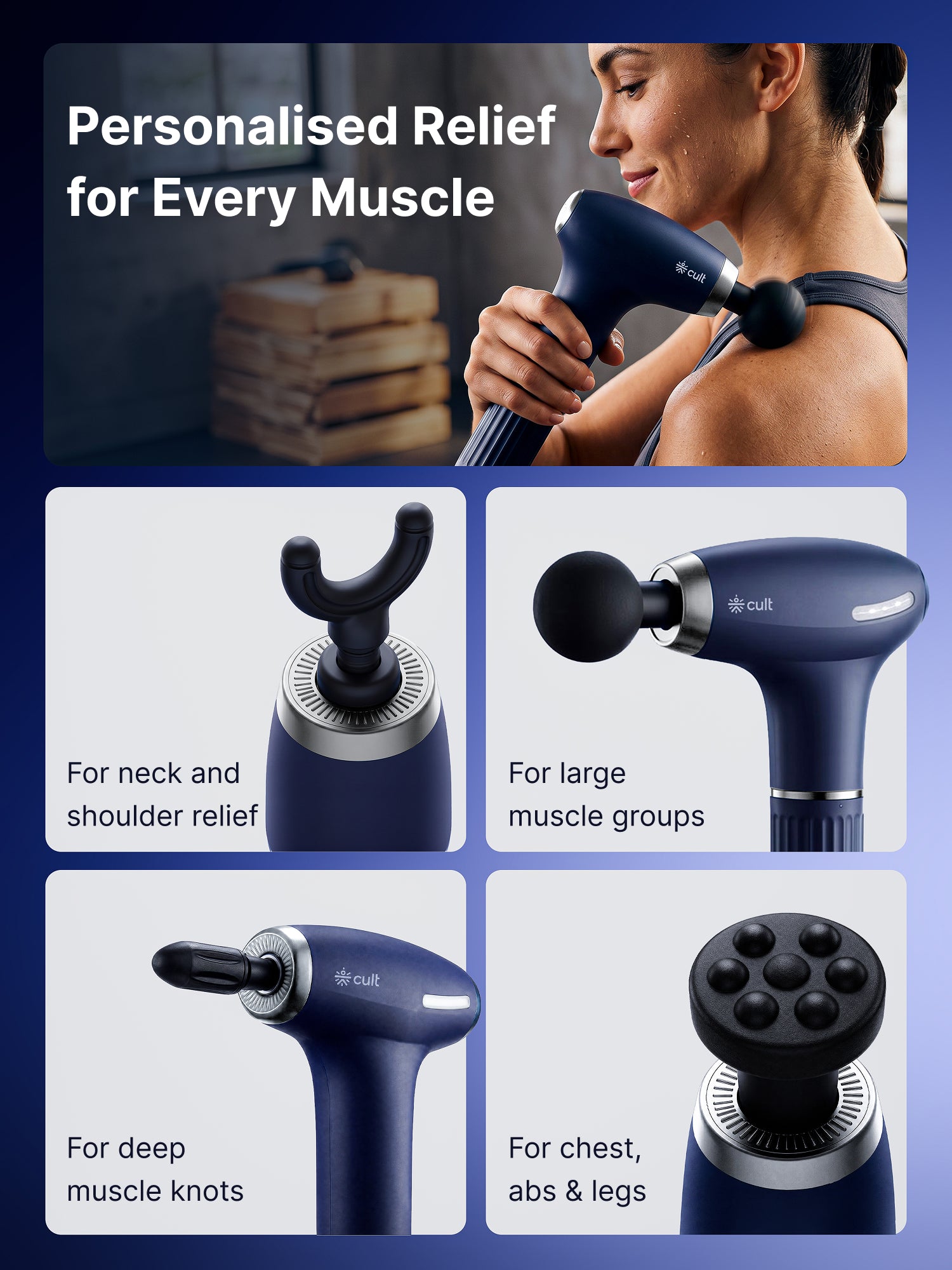 Cult XTND Massage Gun for Full-Body Muscle Relief, 3-in-1 Extension for Easy Back & Full-Body Massage, 30W Motor, 6 Speed Levels, 4 Massage Heads, Pain Relief Massager for Back, Shoulders, Legs & Everyday Recovery, Blue