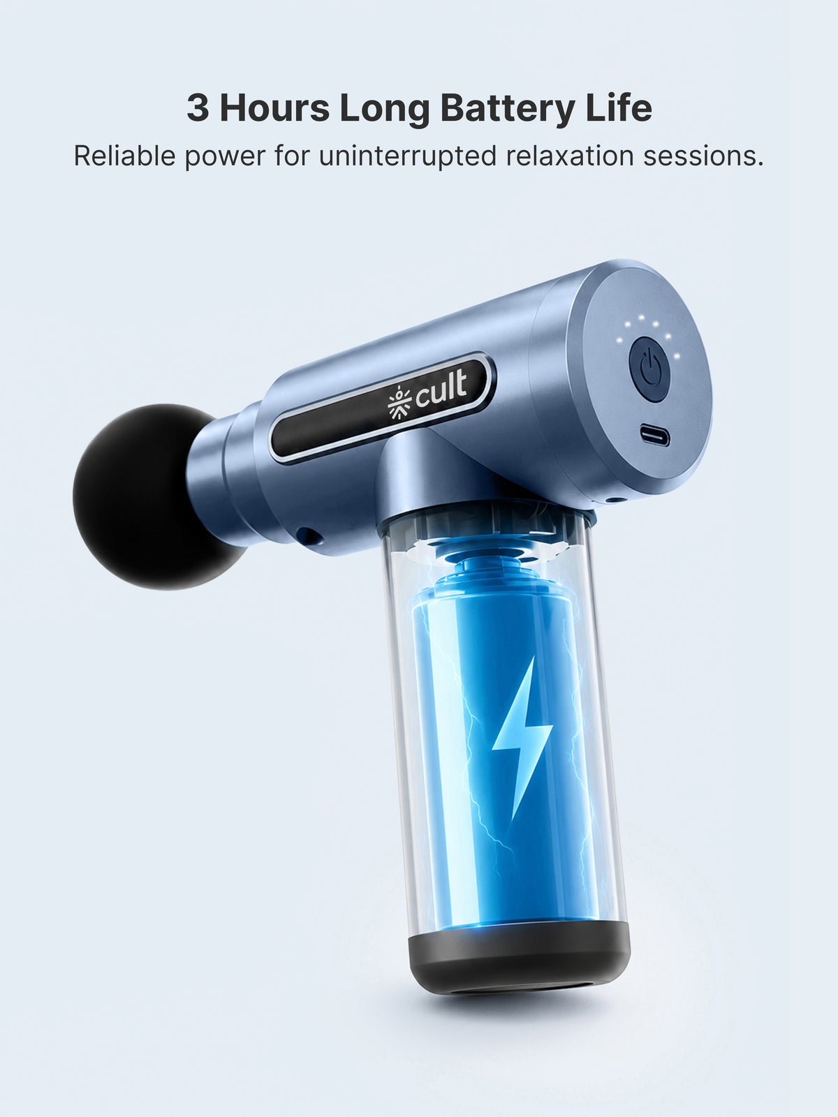 Cult Thrust, Full Body Professional Gun Massager, Upto 3 Hour Battery, Deep Tissue Percussions, 4 Interchangeable heads, 6 Speed levels, Silicone head, Blue