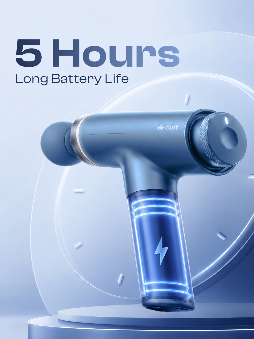 Cult Kinetic Massage Gun for Muscle Recovery, Full Body Massager, BLDC Motor, Ergonomic Angular Handle, 4 Silicone Heads, 5-Hour Battery, Blue