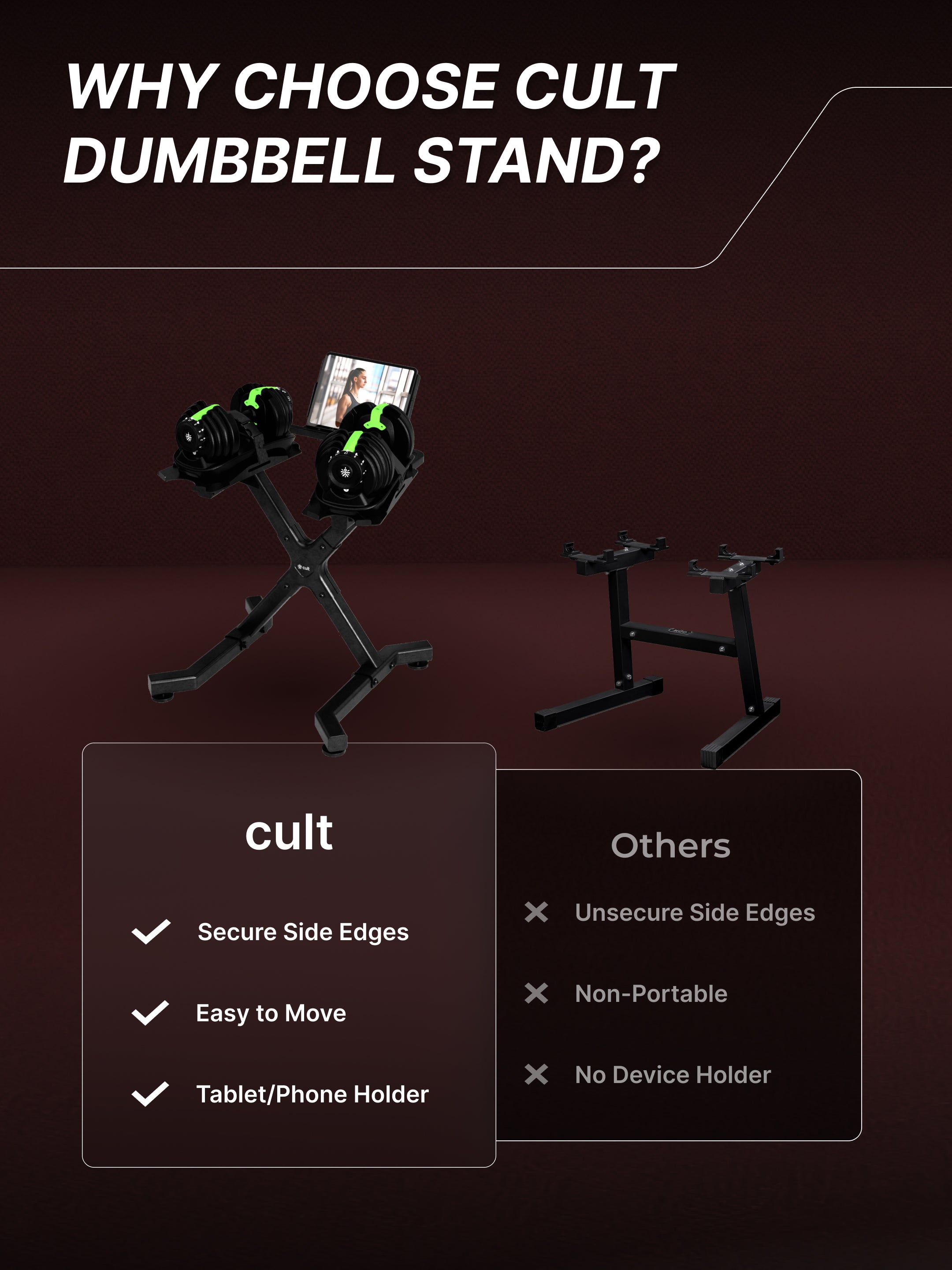 Cult Dumbbell Stand | 100 KG Weight Capacity with Wheels & Tablet Holder | Protected Edges | Compact Home Gym Storage (6 Months extended Warranty only on Cultstore.com)