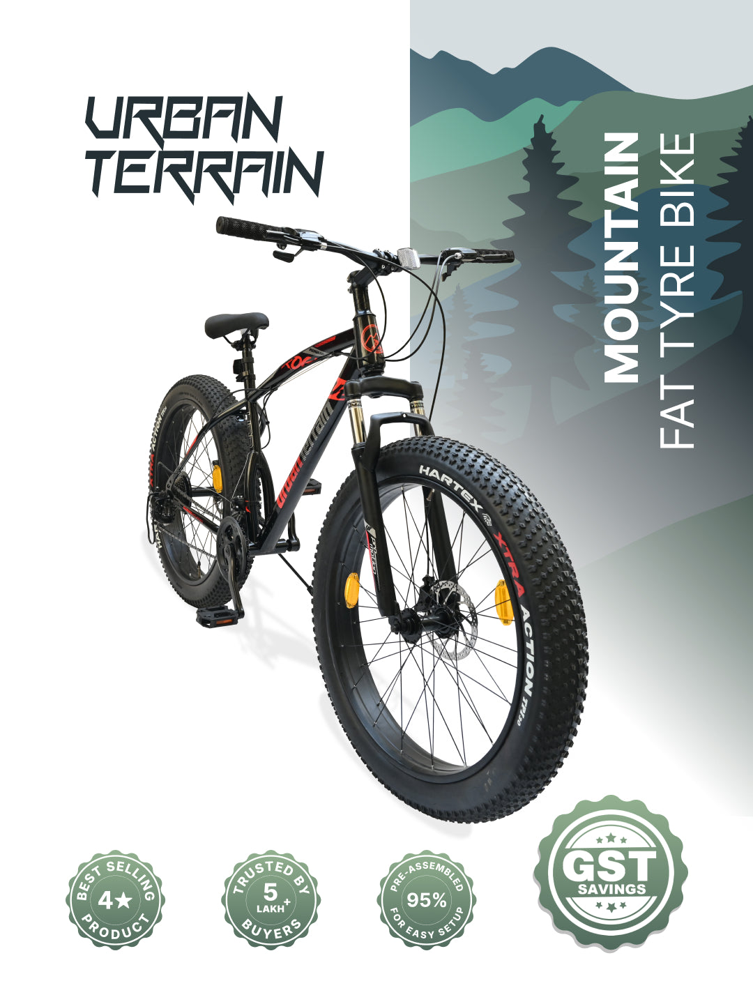 Rogue Mountain Bike Steel 21 Speed Cycle 26 inch Fat Tyre, Black With Front Suspension, Single Wall Rim and Dual Disc Brakes, Ideal For 5 ft to 5.7 ft, Free Trainer Sessions and Cycling Event