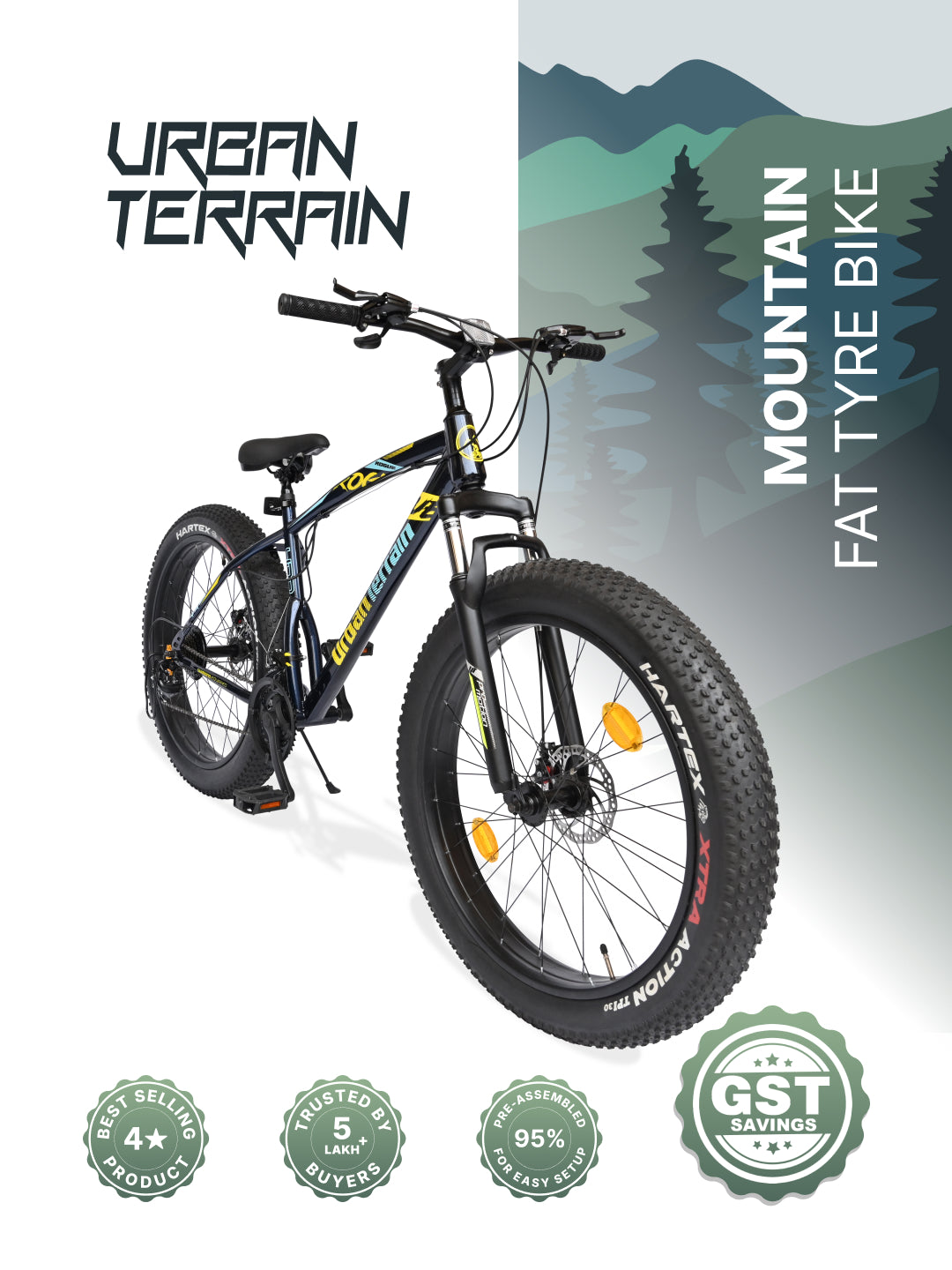 Rogue Mountain Bike Steel 21 Speed Cycle 26 inch Fat Tyre, Blue With Front Suspension, Single Wall Rim and Dual Disc Brakes, Ideal For 5 ft to 5.7 ft