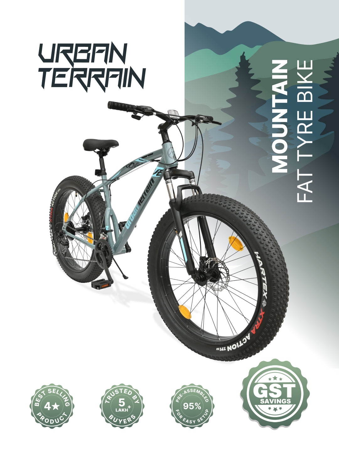 Rogue Mountain Bike Steel 21 Speed Cycle 26 inch Fat Tyre, Grey With Front Suspension, Single Wall Rim and Dual Disc Brakes, Ideal For 5 ft to 5.7 ft