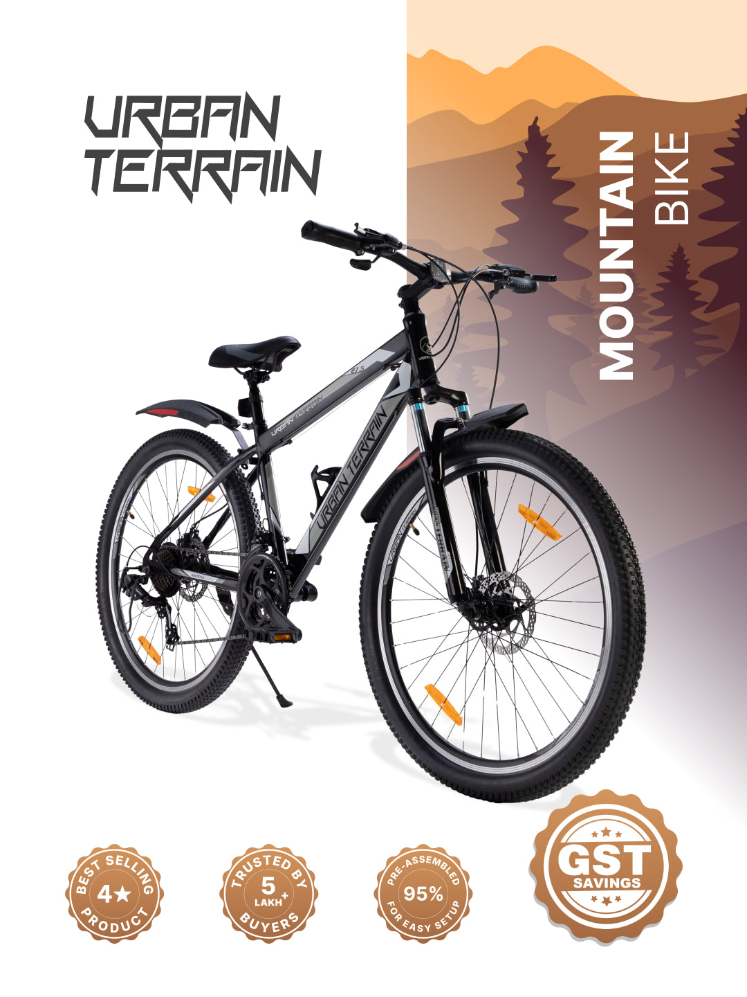 UT1000 Mountain Bike Steel 21 Speed Cycle Shimano Gear 27.5 inch Tyre, Black With Front Suspension, Double Wall Rim and Dual Disc Brakes Ideal For 5.2 ft to 6 ft