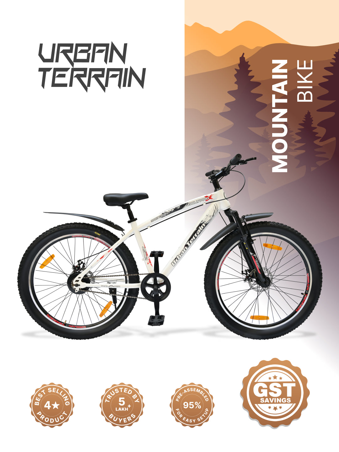 Bolt Pro Mountain Bike Steel Single Speed 27.5 inch Tyre with Dual Disc Brakes, Front Suspension, Double Wall Alloy Rim, White