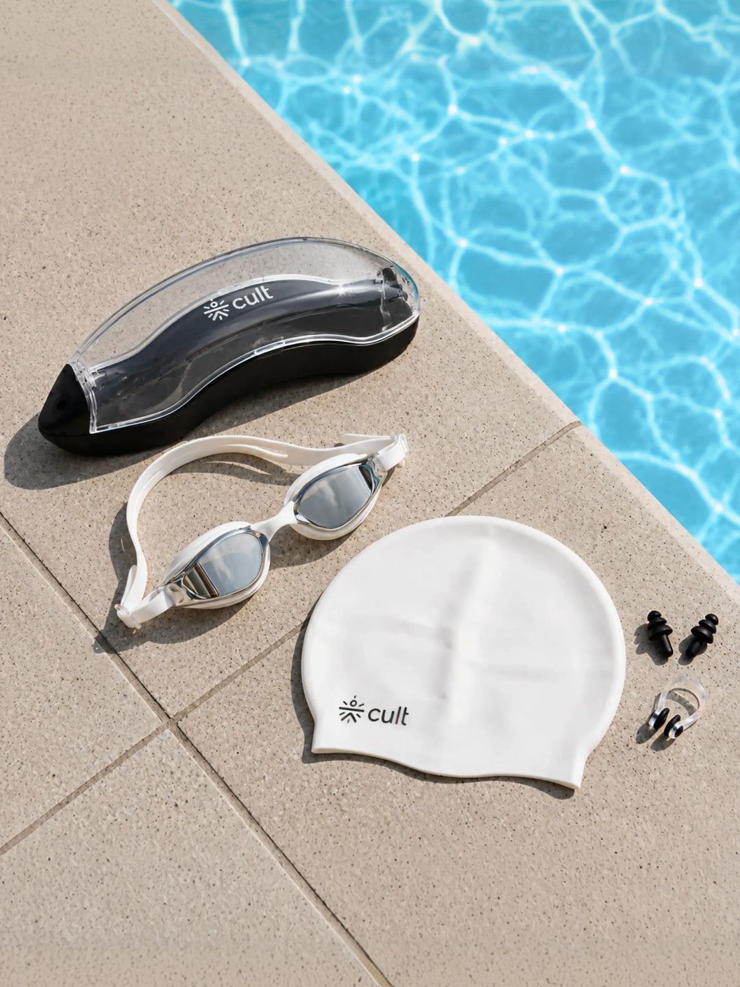 Cult Premium Swimming Kit, Anti-Fog Goggles, Silicone Swim Cap, Nose Clip, Ear Plugs & Premium Carry Box, White