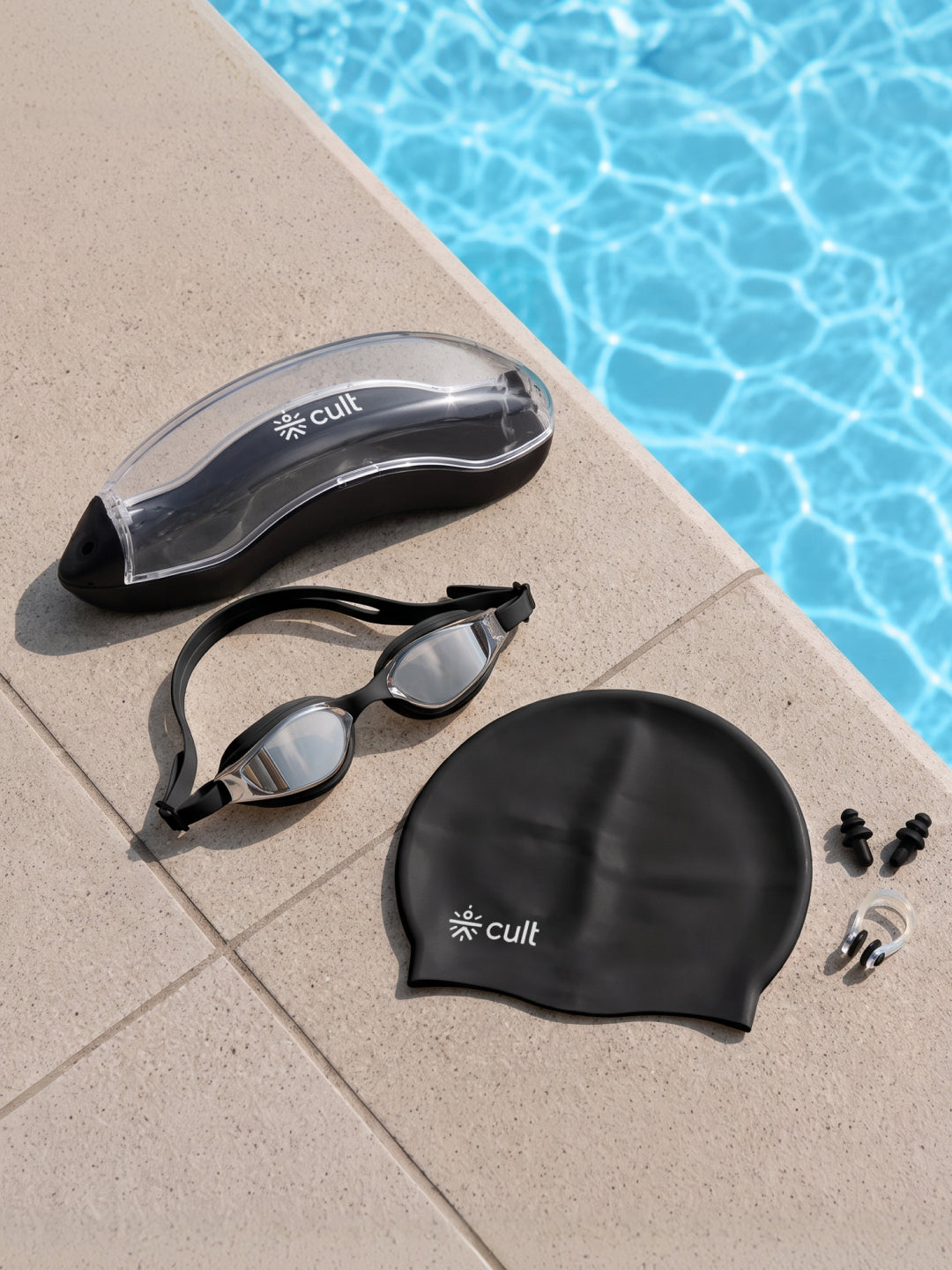 Cult Premium Swimming Kit, Anti-Fog Goggles, Silicone Swim Cap, Nose Clip, Ear Plugs & Premium Carry Box, Black
